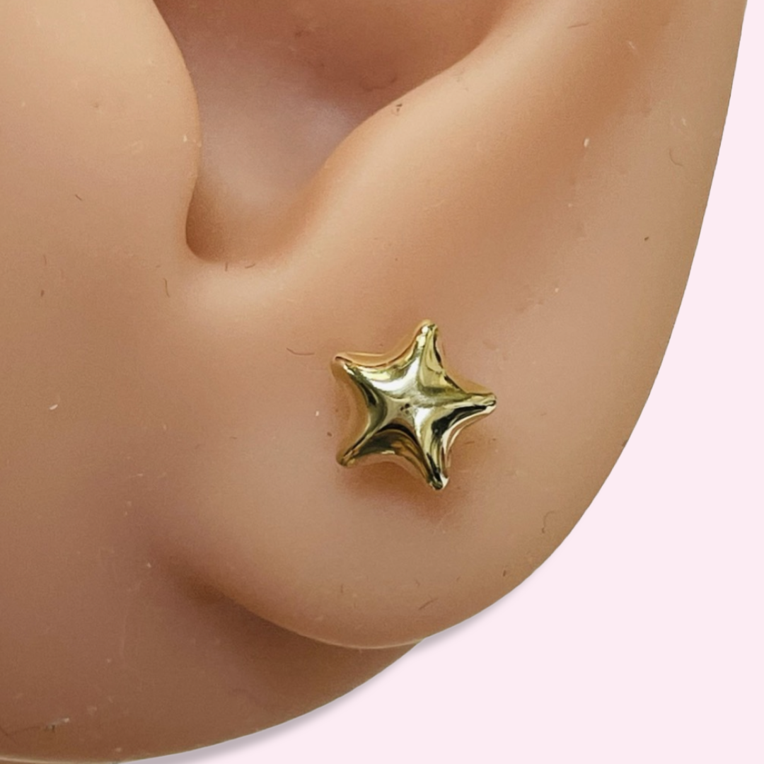 6mm Puffy Star Stud Earrings Solid 14K Yellow Gold