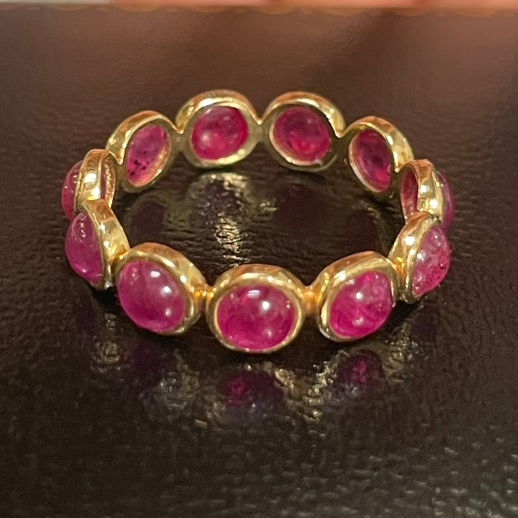 18K Yellow Gold Natural Round Cabochon Ruby Eternity Ring Size 5.75