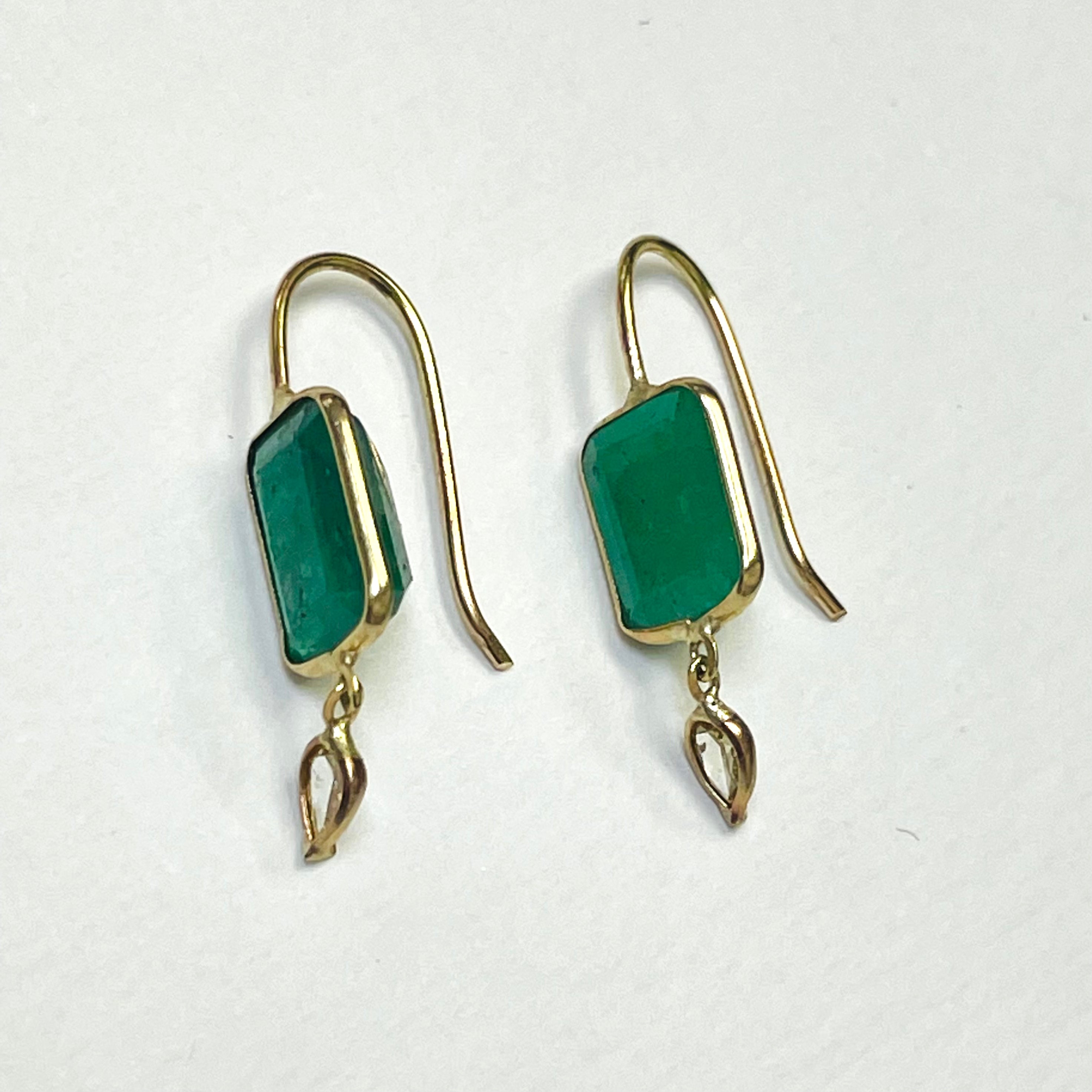 3CT Emerald and .18CT Yellow Diamond 14K Yellow Gold Drop Down Earrings