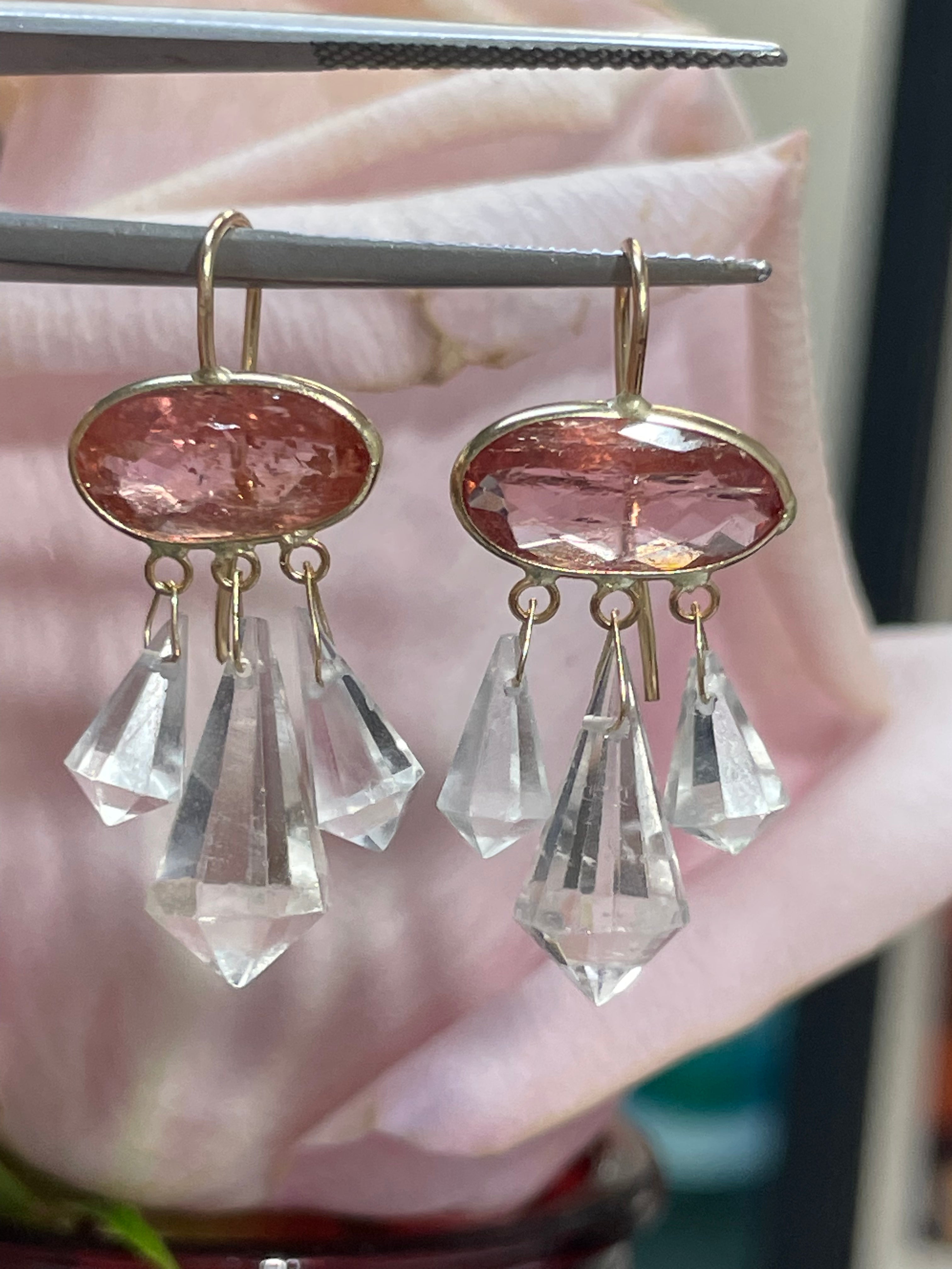 Pink Imperial Topaz and Morganite Briolette 14K Yellow Gold Drop Earrings