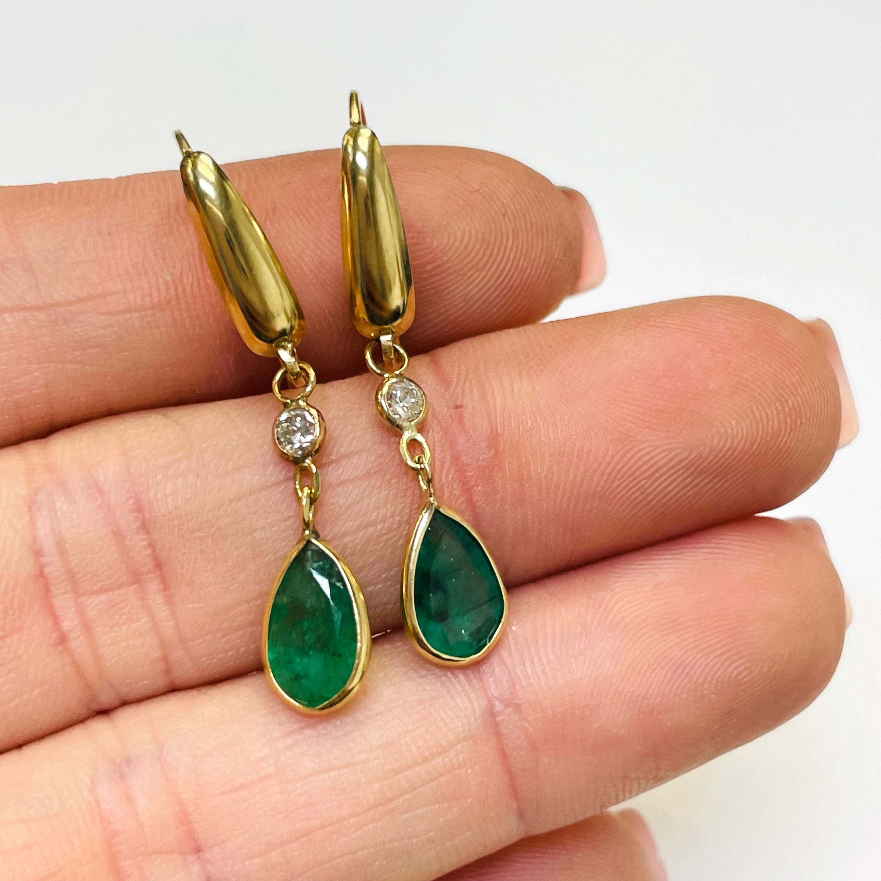 2CT Emerald and .10CT Diamond 14K Yellow Gold Lever Back Drop Down Earrings