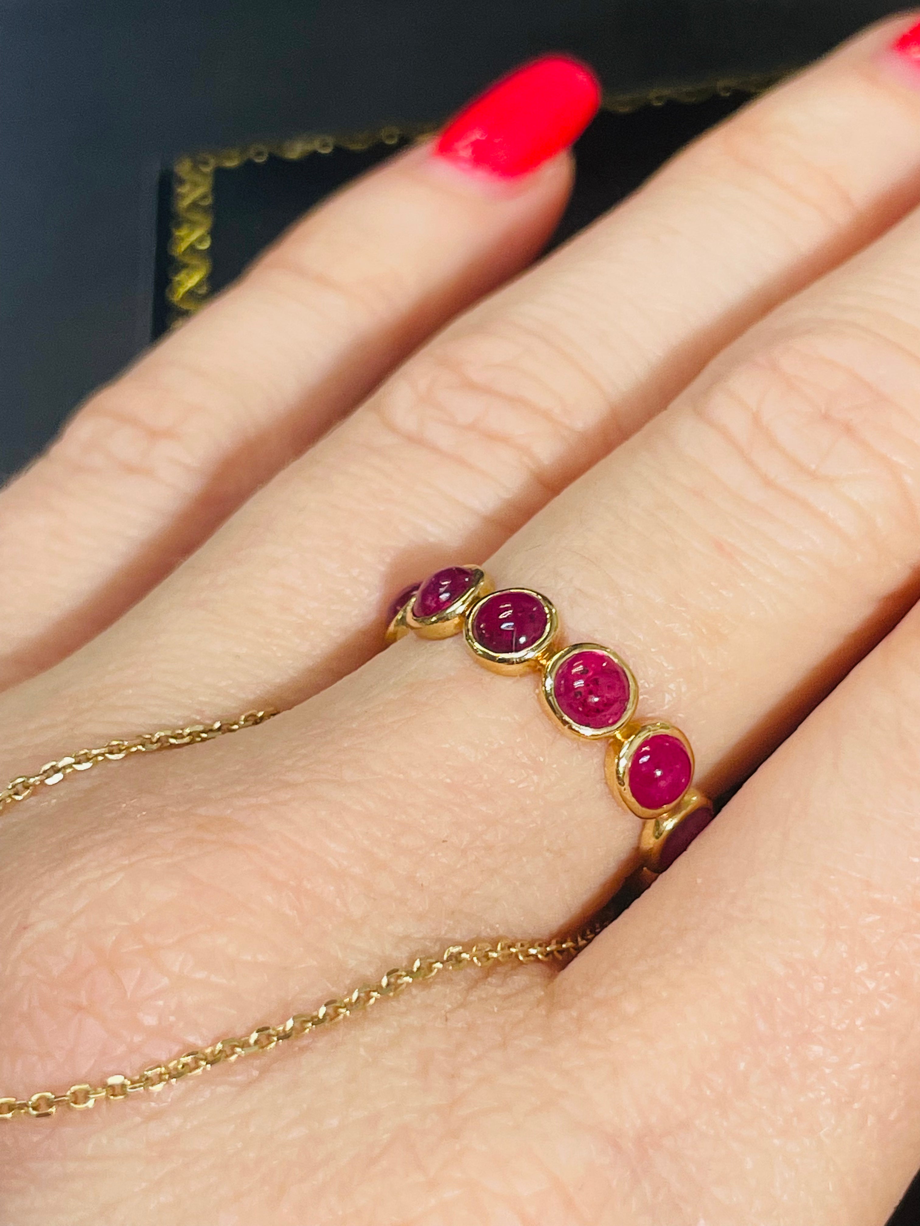 18K Yellow Gold Natural Round Cabochon Ruby Eternity Ring Size 5.75