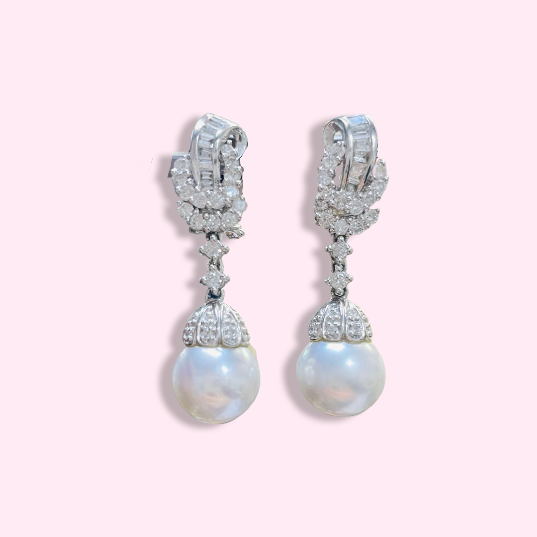 18K White Gold Diamond South Sea Pearl Drop Earrings