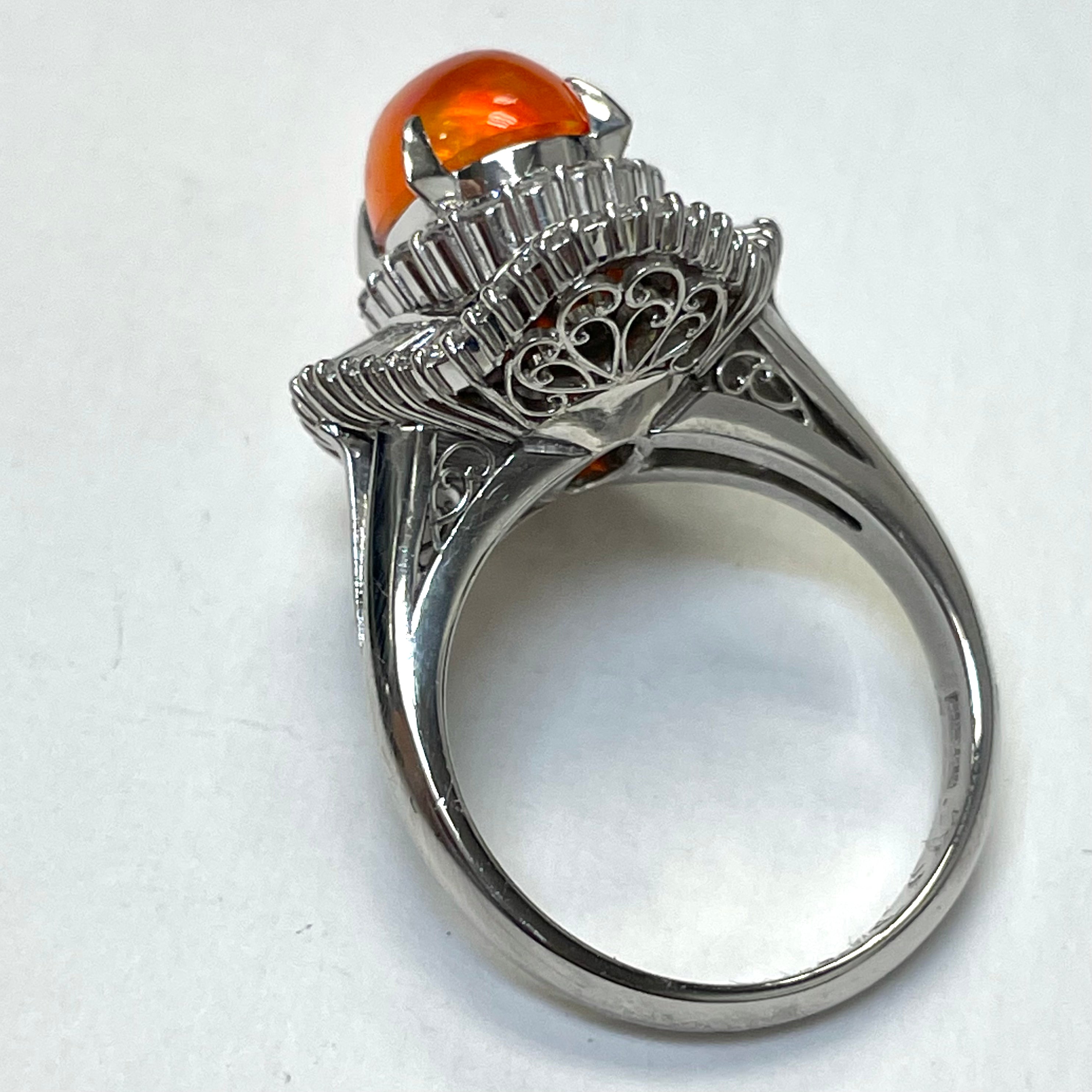 Solid Platinum Fire Opal with Baguette Halo Diamond Ring Size 7.5