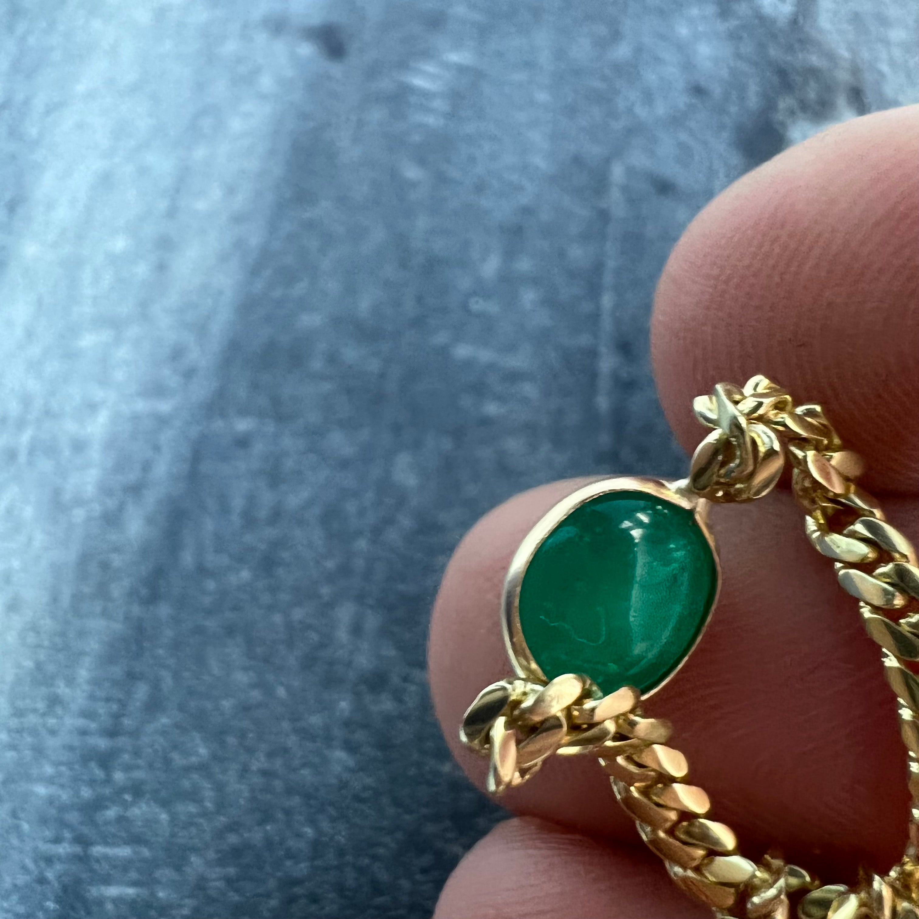 Solid 14K Yellow Gold Cabochon Emerald Cuban Chain Ring Size 7.5