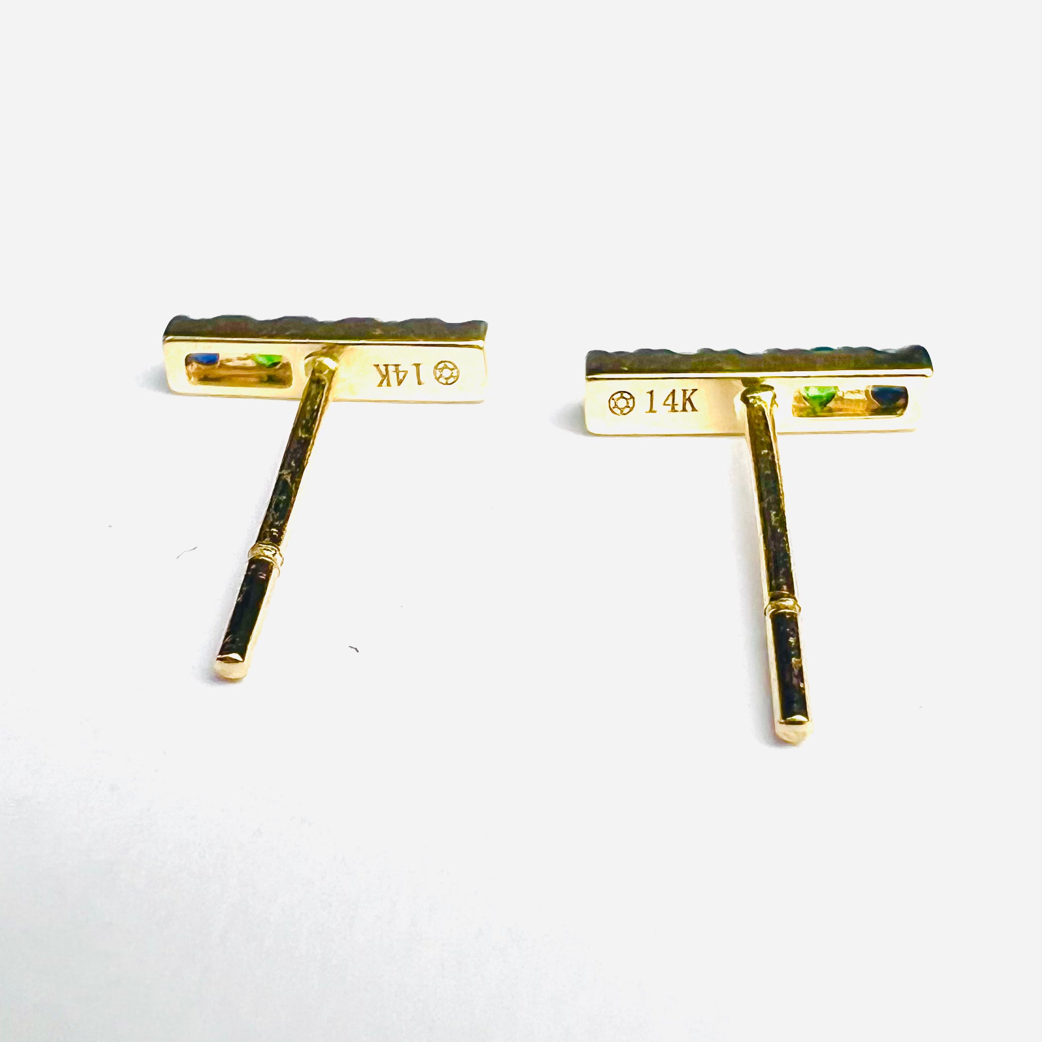 Natural Sapphire 14K Yellow Gold Rainbow Bar Earrings Multi Stone 10x2mm