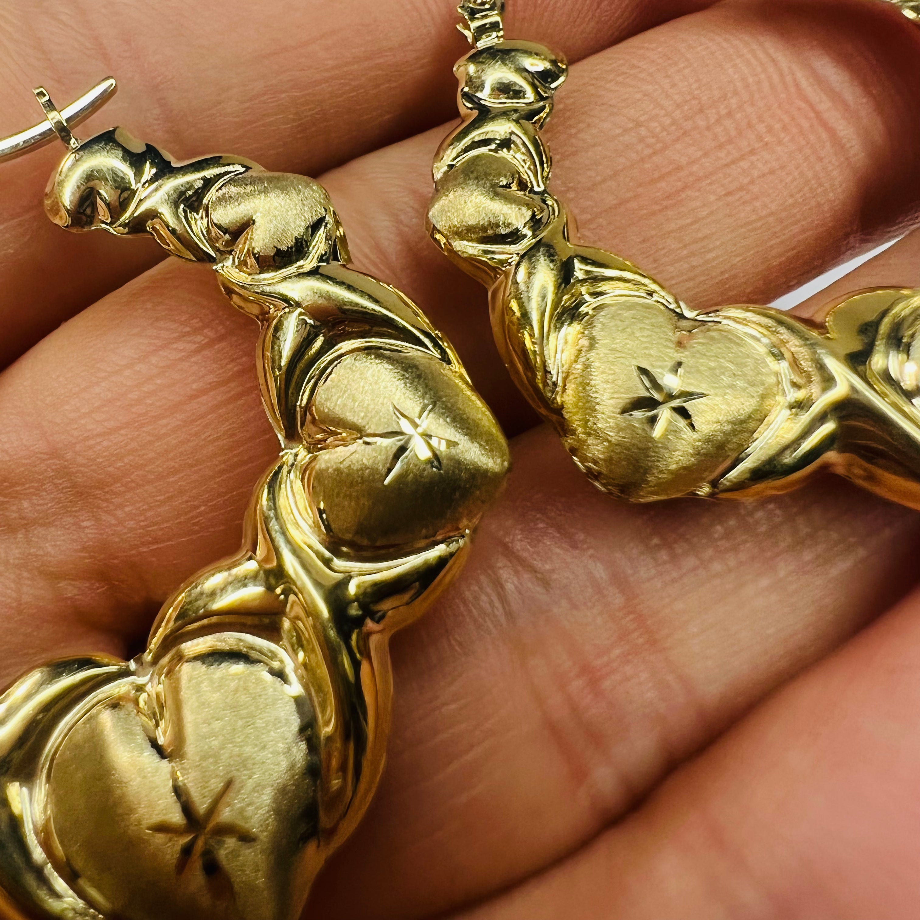 New 10K Solid Yellow Gold Heart Patterned Hoop Earrings 1.75"x1.5"