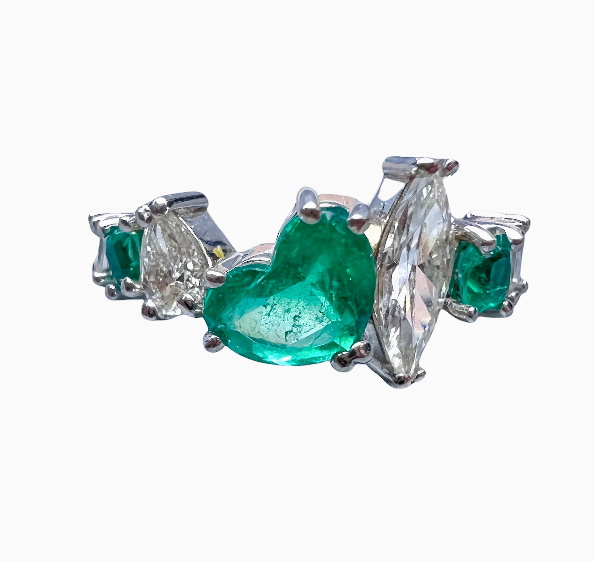 Solid 18K White Gold Multi-shape Diamond and Emerald Ring Band Size 5.5