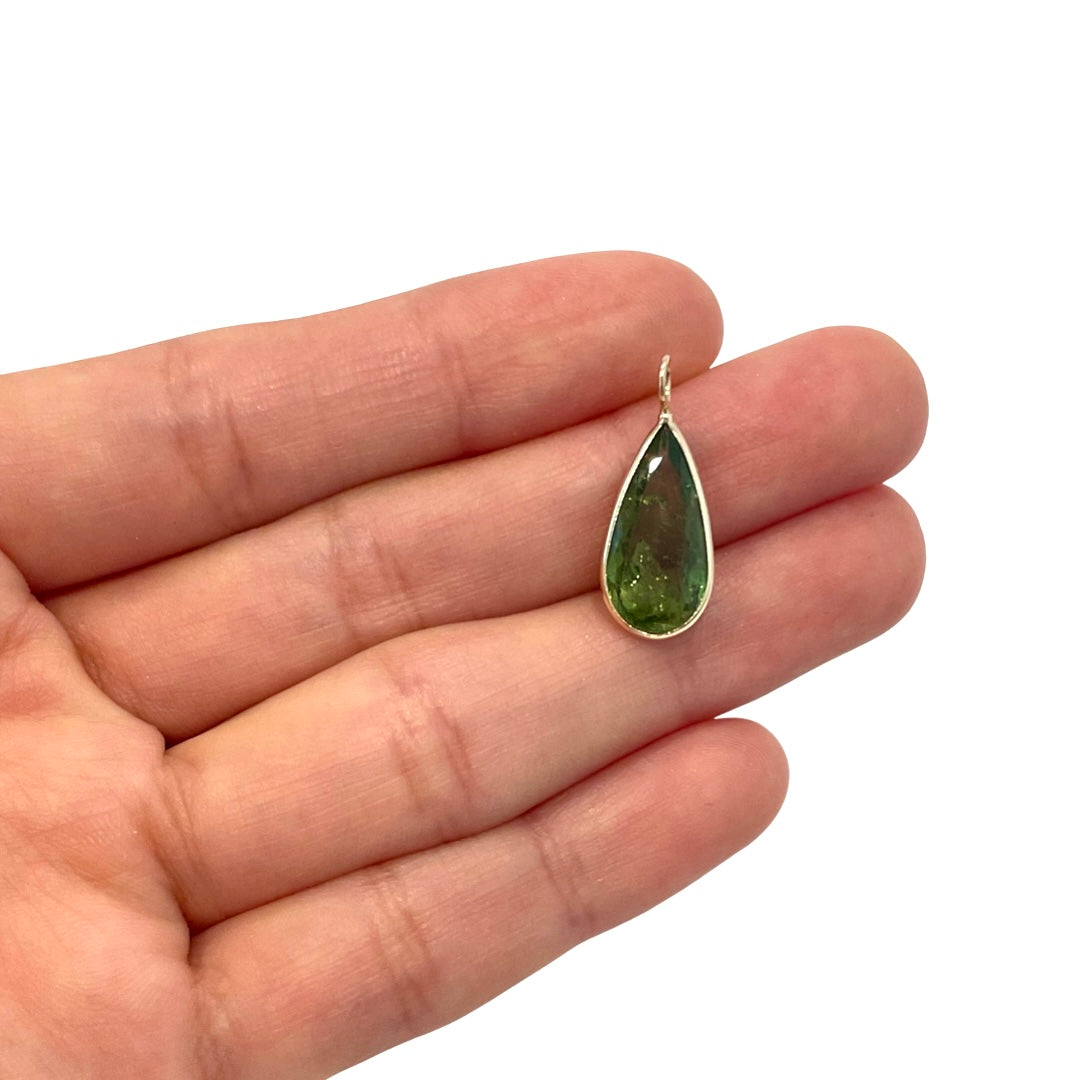 Natural Green Elongated Tourmaline 14K Yellow Gold Pendant Charm 23x9mm