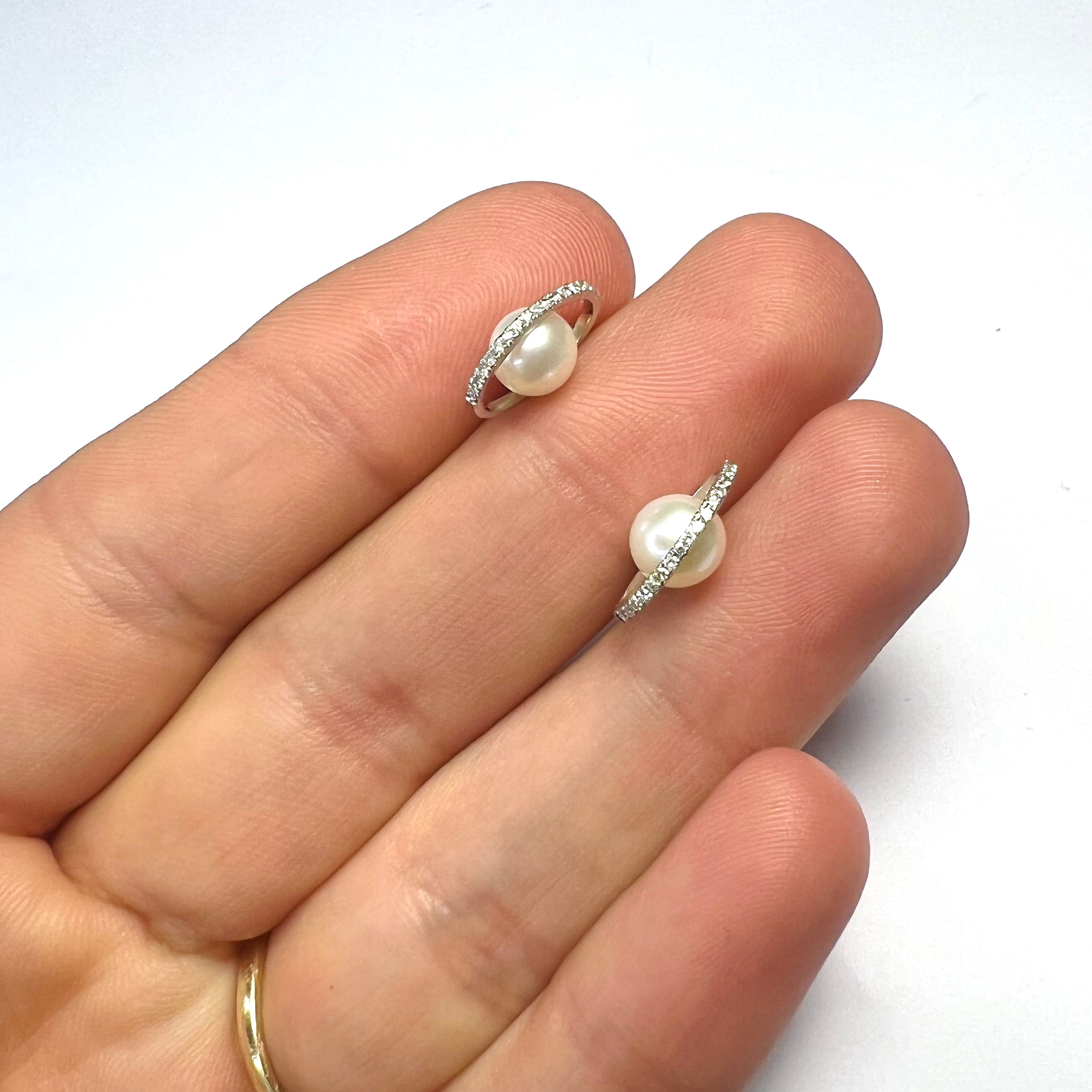 14K White Gold Pearl & Pave Diamond Planet Earring Studs 13x8mm