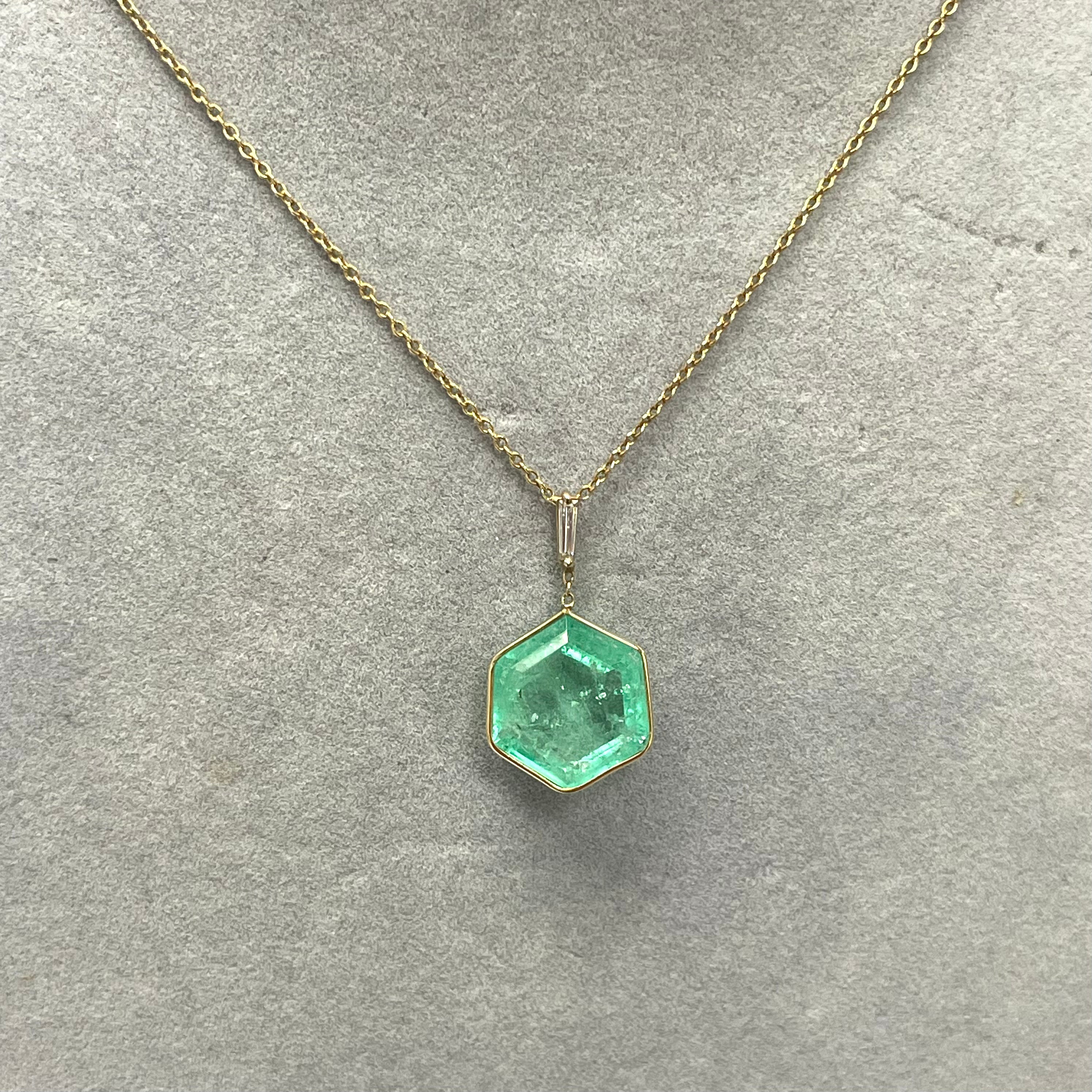 Hexagon Emerald and Tapered Diamond 16" 14k Yellow Gold Necklace