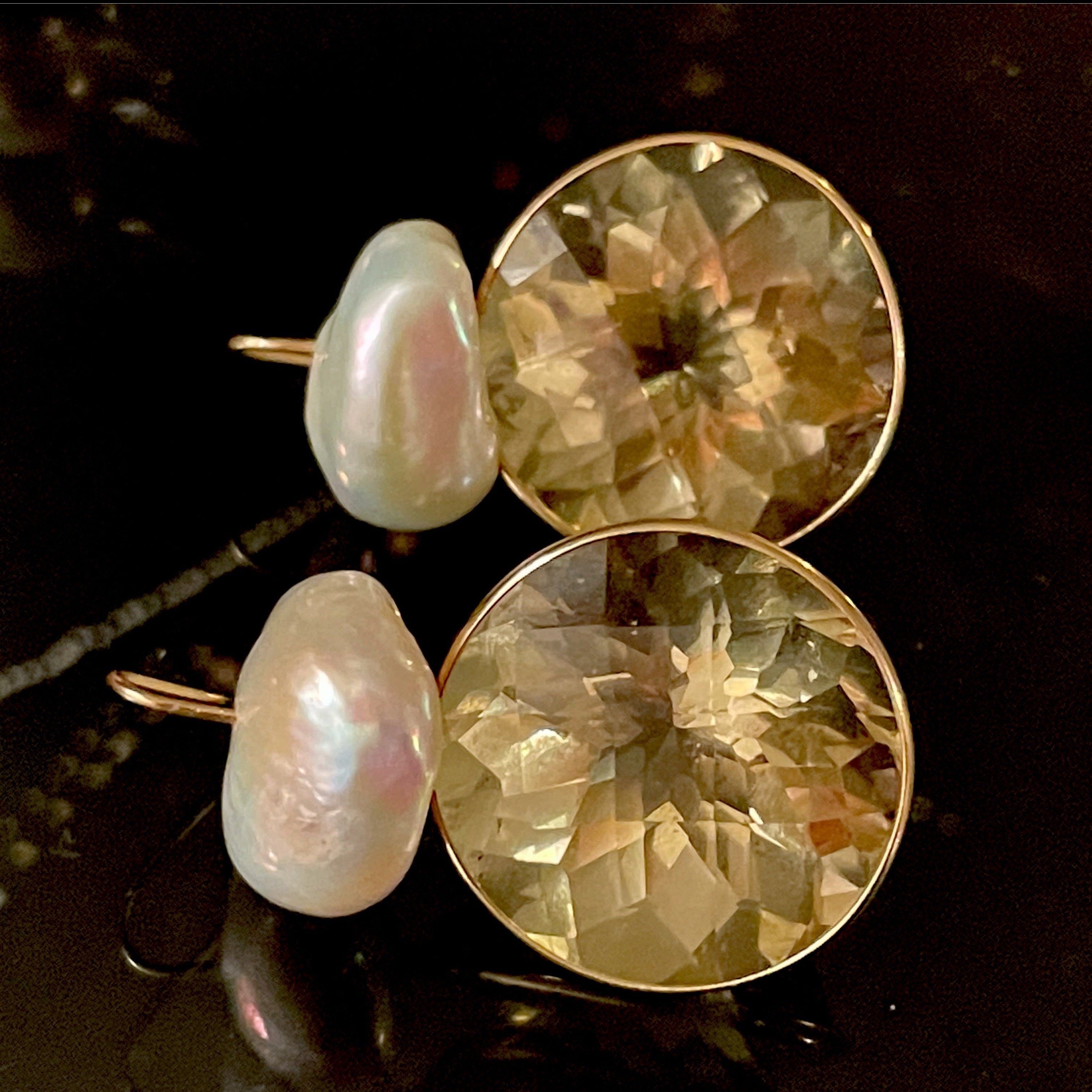 Unique Baroque Pearl and Lemon Quartz 14K Gold Earrings