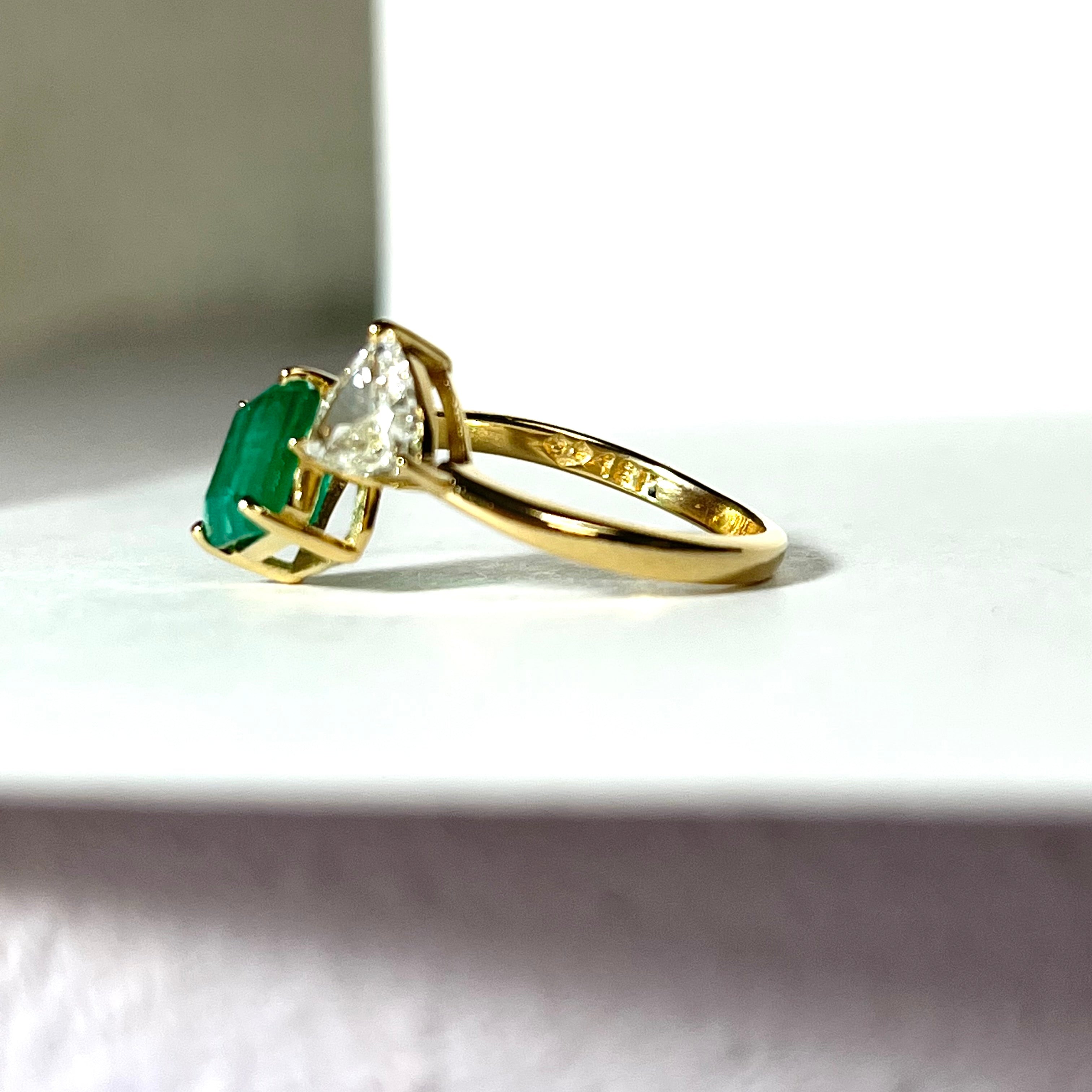 1ct Radiant Emerald and .50ct Trillion Diamond Toi et Moi Ring Band 18K Yellow G