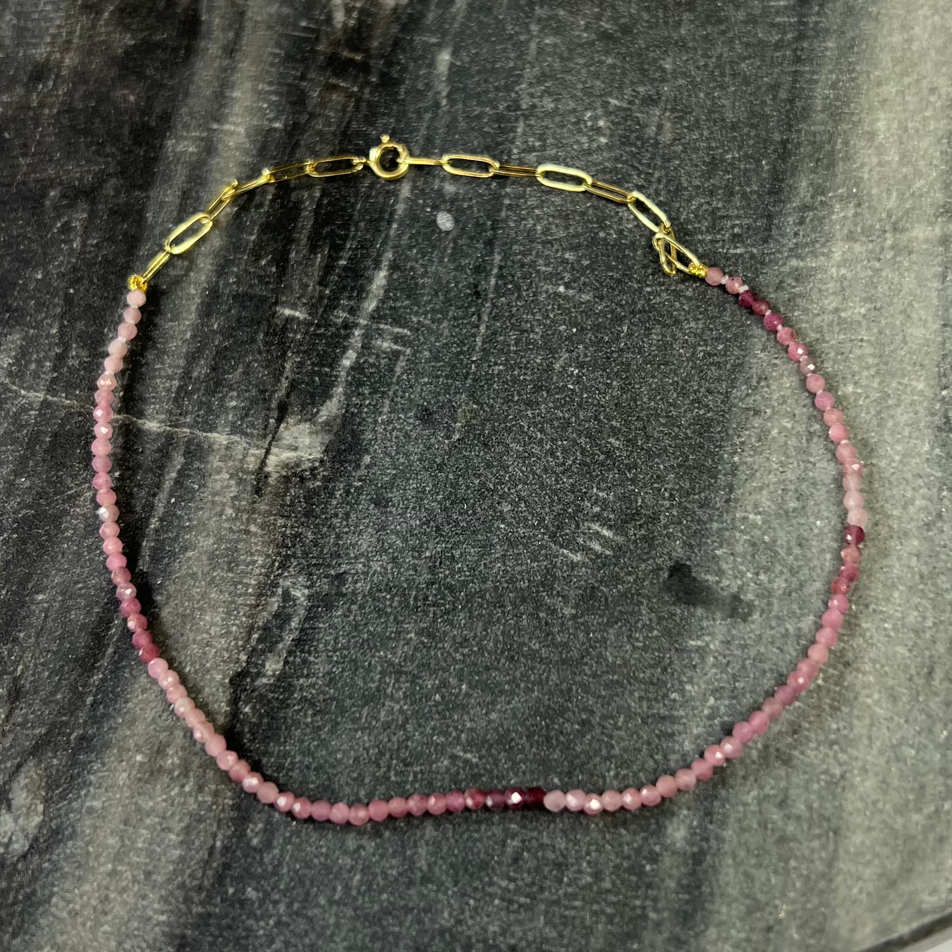 14K Yellow Gold Clasp Pink Sapphire Beaded Anklet 9.5"