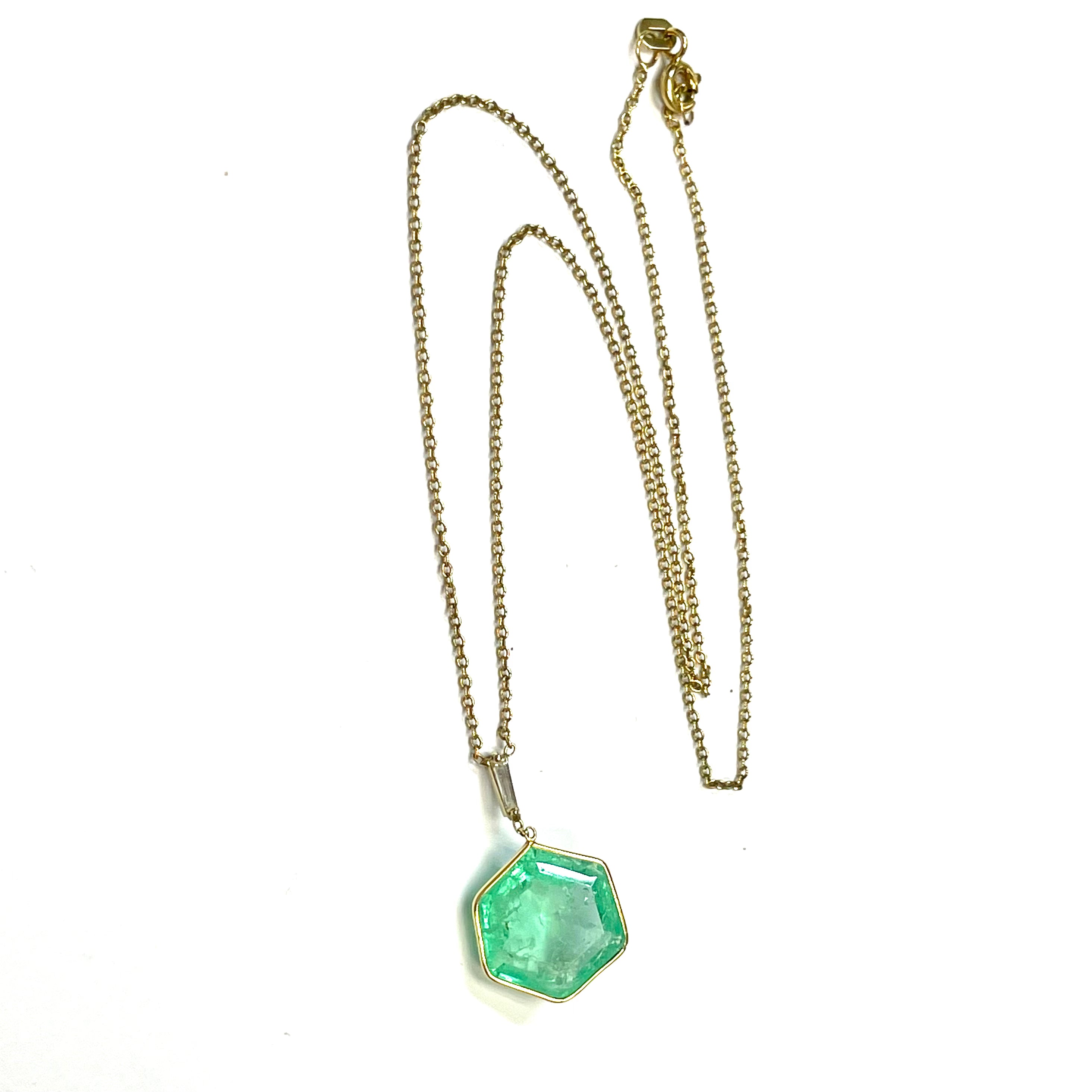 Hexagon Emerald and Tapered Diamond 16" 14k Yellow Gold Necklace