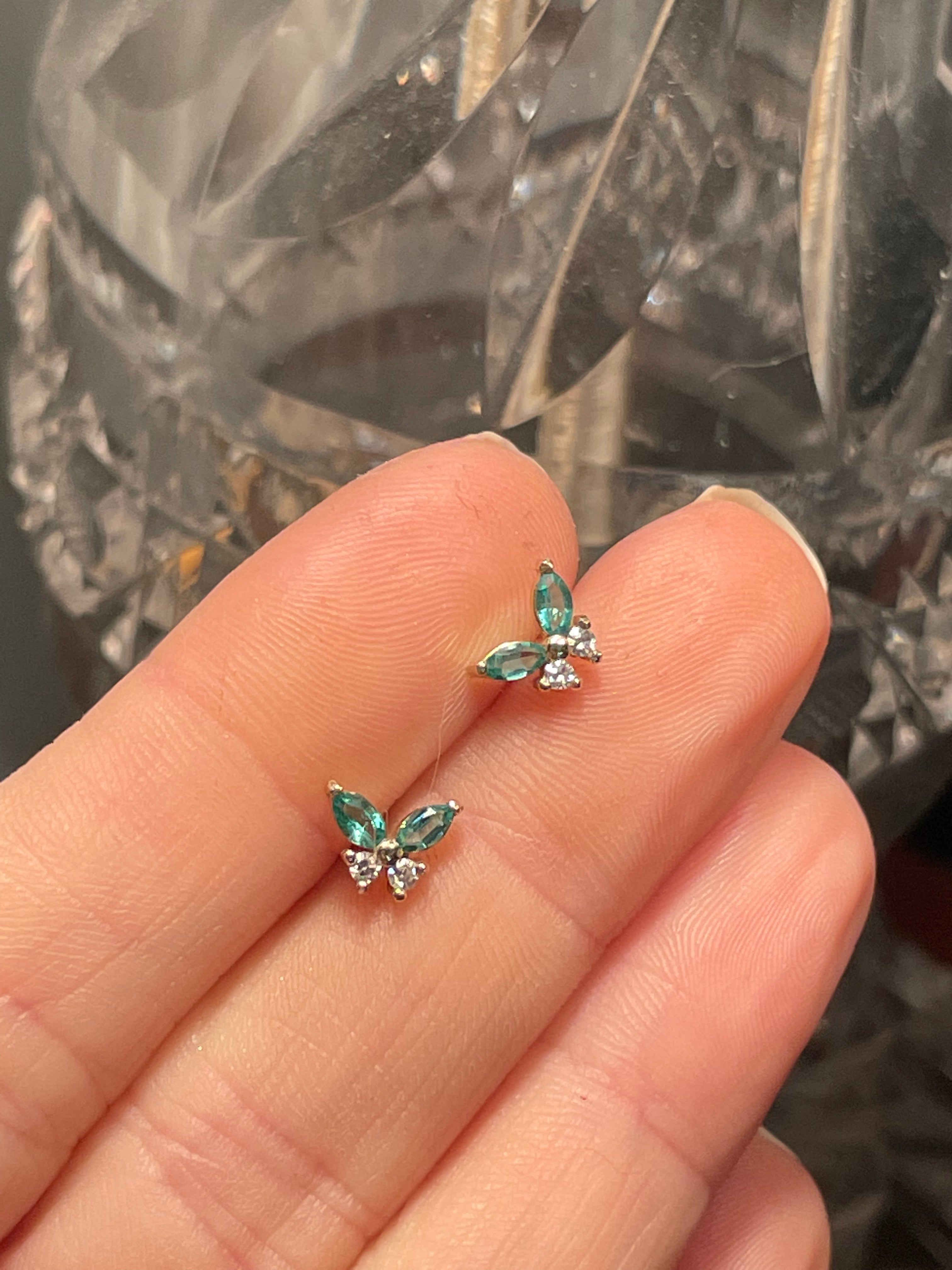 Natural Emerald and Diamond Solid 14K Yellow Gold Butterfly Stud Earrings