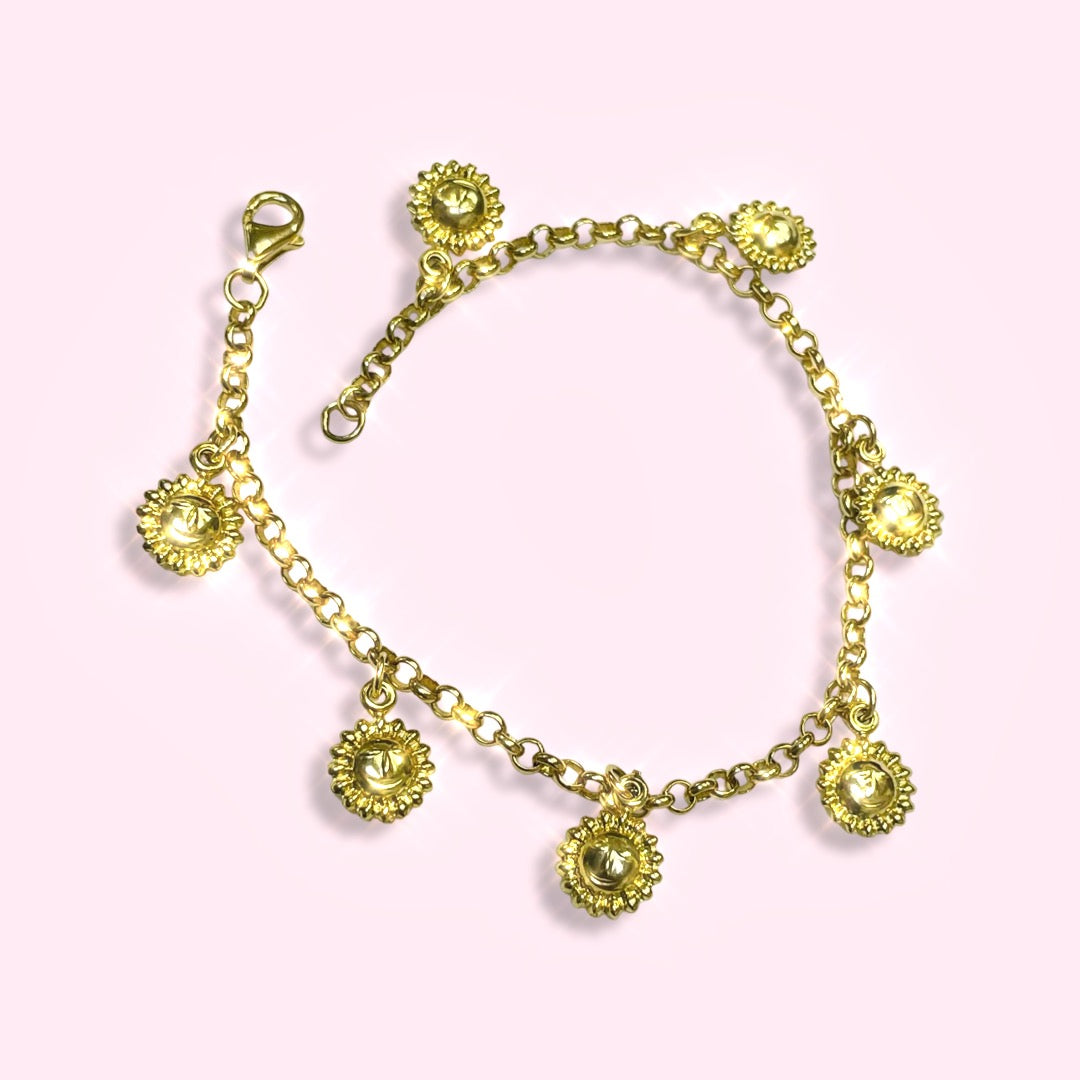 7” 14K Yellow Gold Rolo Charm Bracelet with Puffy Sun Charms