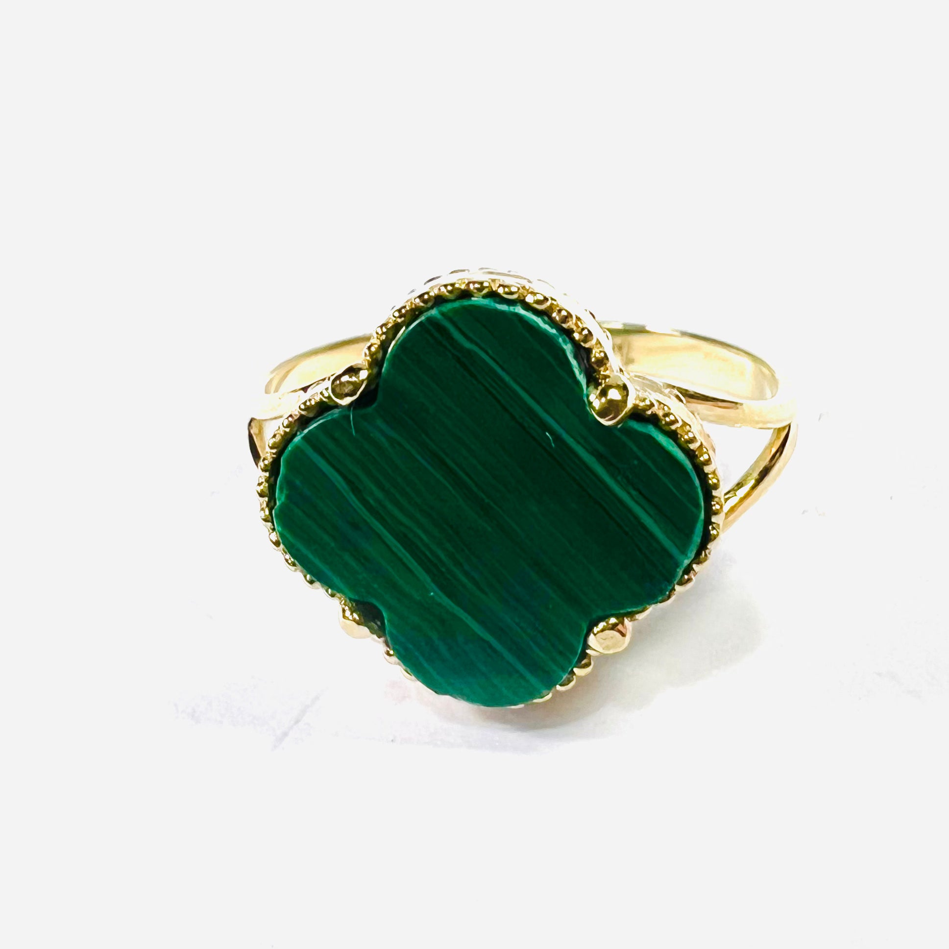 Solid 14K Yellow Gold Malachite Clover Ring Band Size 6.5