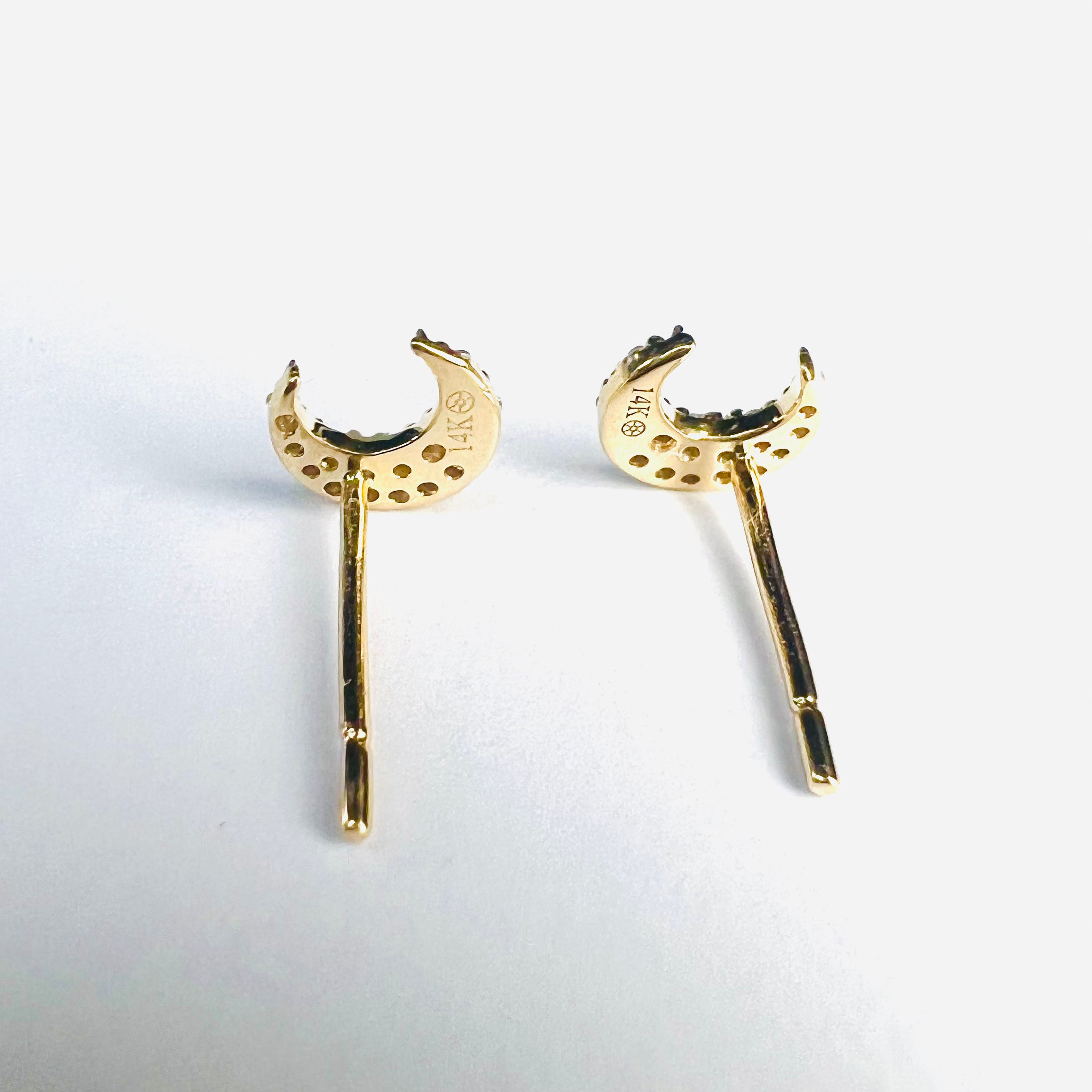 14k Yellow Gold Pave Diamond Moon Earring Studs 6x5mm