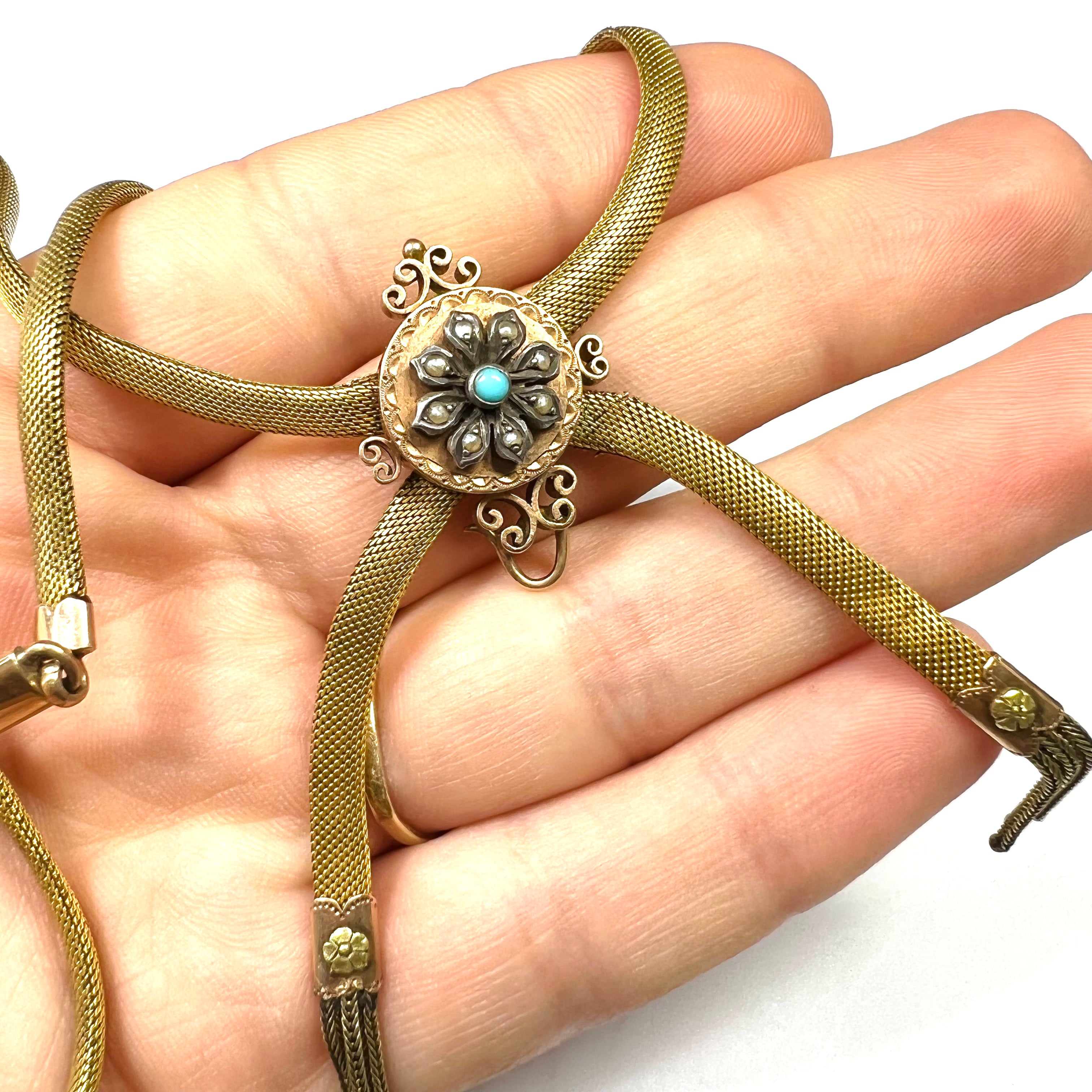 Lovely Antique Victorian Mesh Necklace Floral Turquoise Center Detail 18" 10K Gold