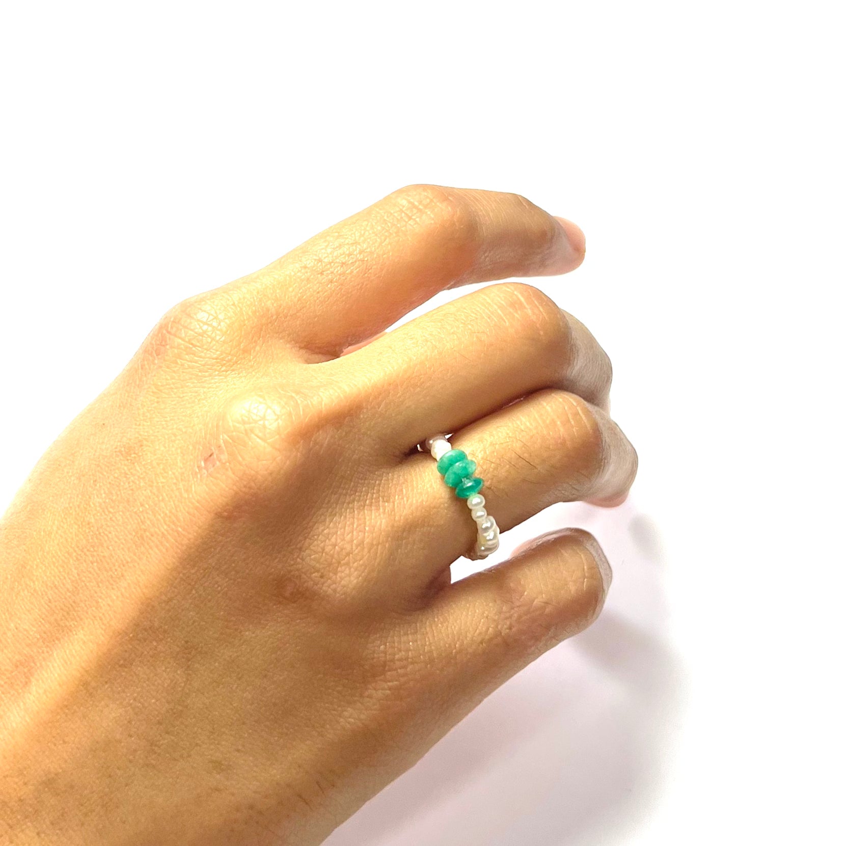 Natural Seed Pearl Eternity Natural Emerald Ring Size 4.5