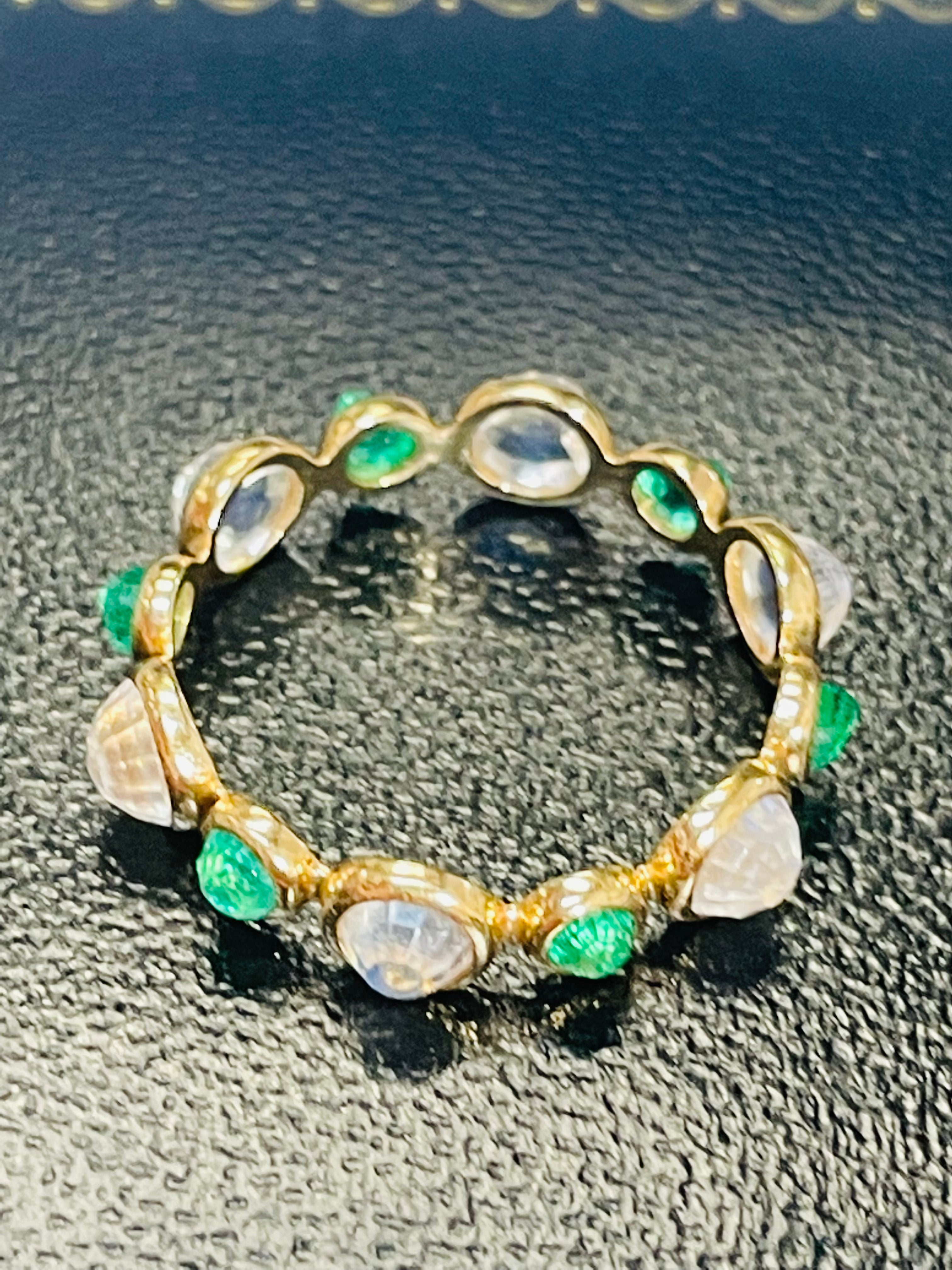 Solid 18K Yellow Gold Moonstone & Emerald Eternity Ring Band 6.5