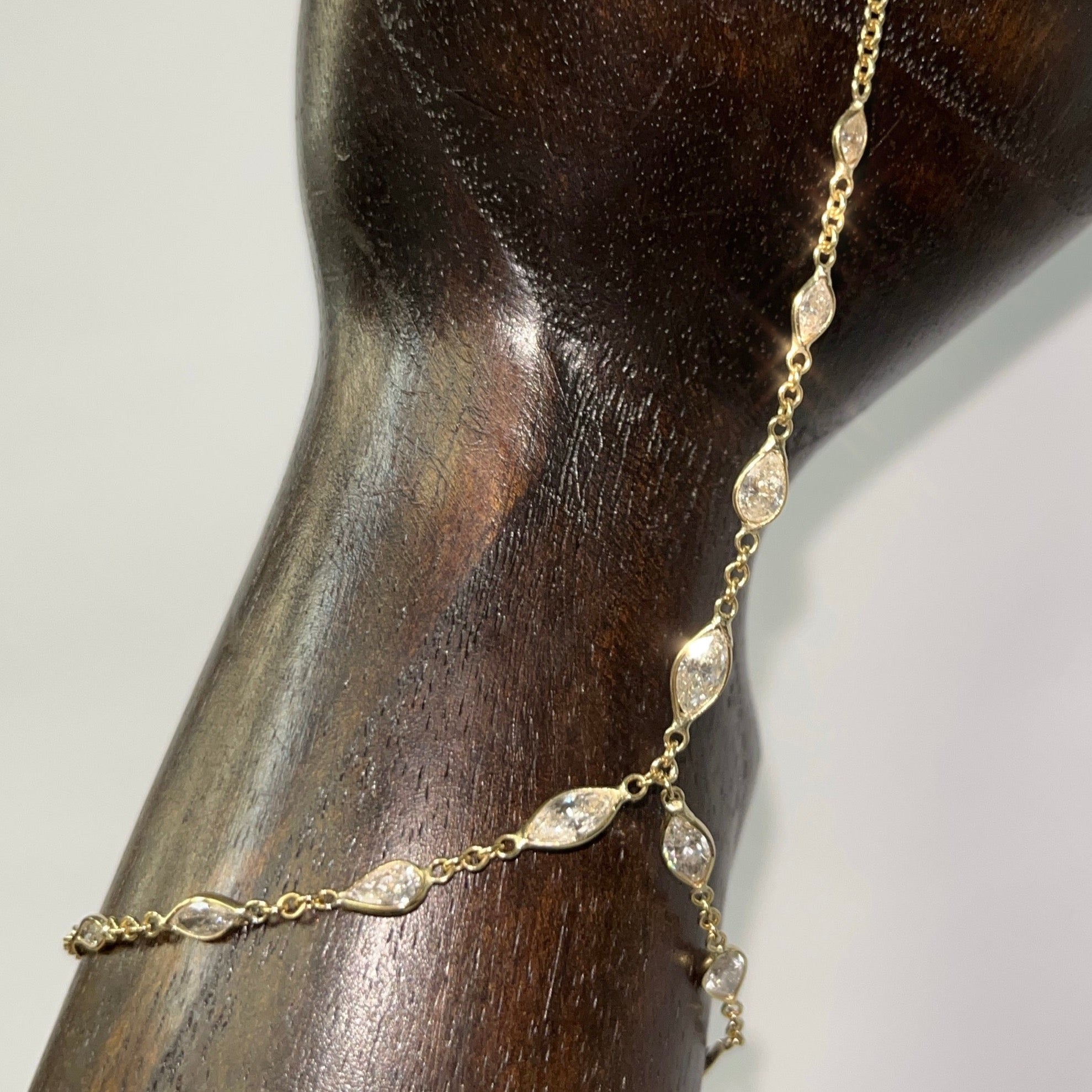 Stunning Marquise and Pear Diamond Hand Chain in Solid 18K Yellow Gold