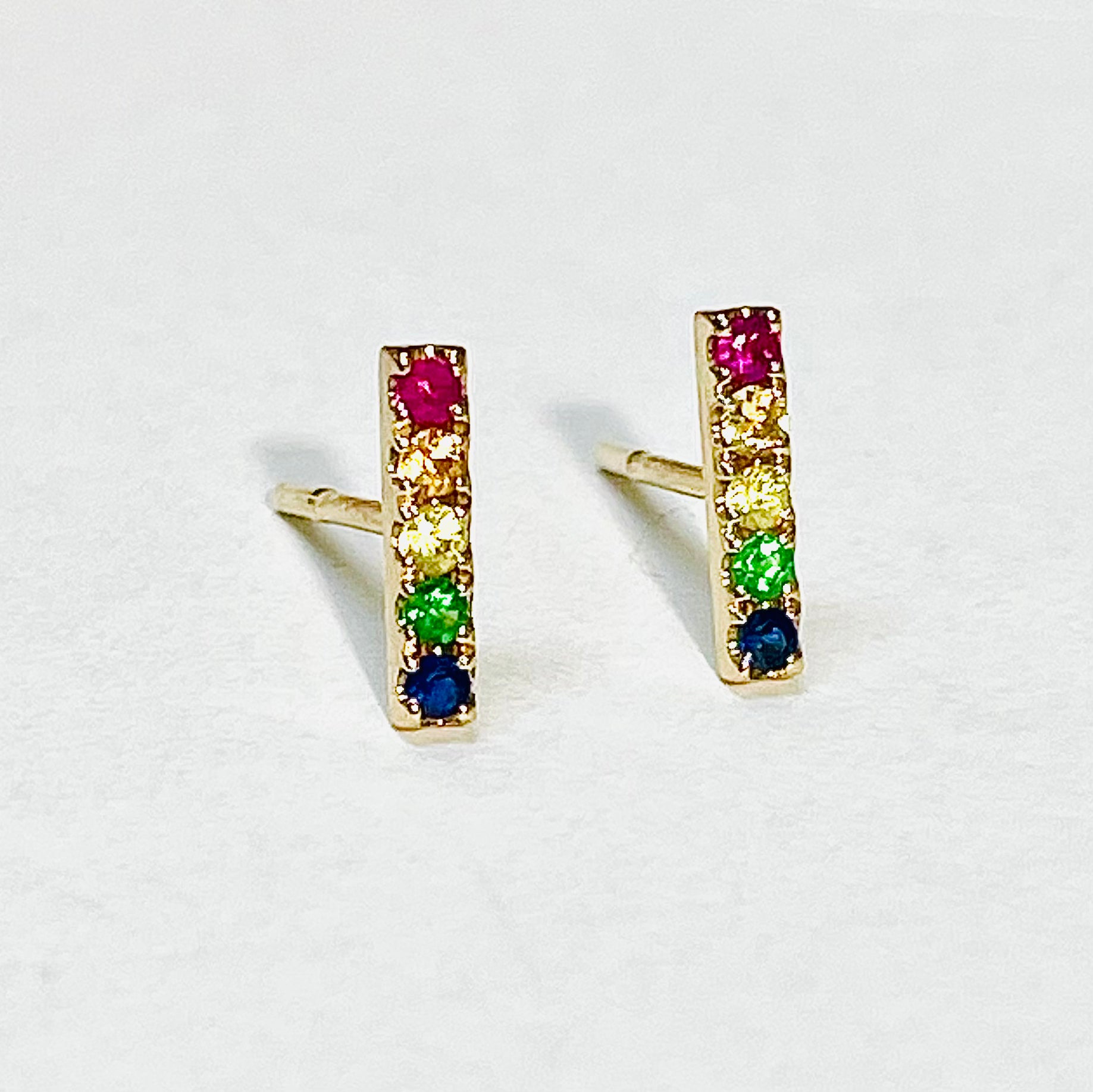 Natural Sapphire 14K Yellow Gold Rainbow Bar Earrings Multi Stone 10x2mm