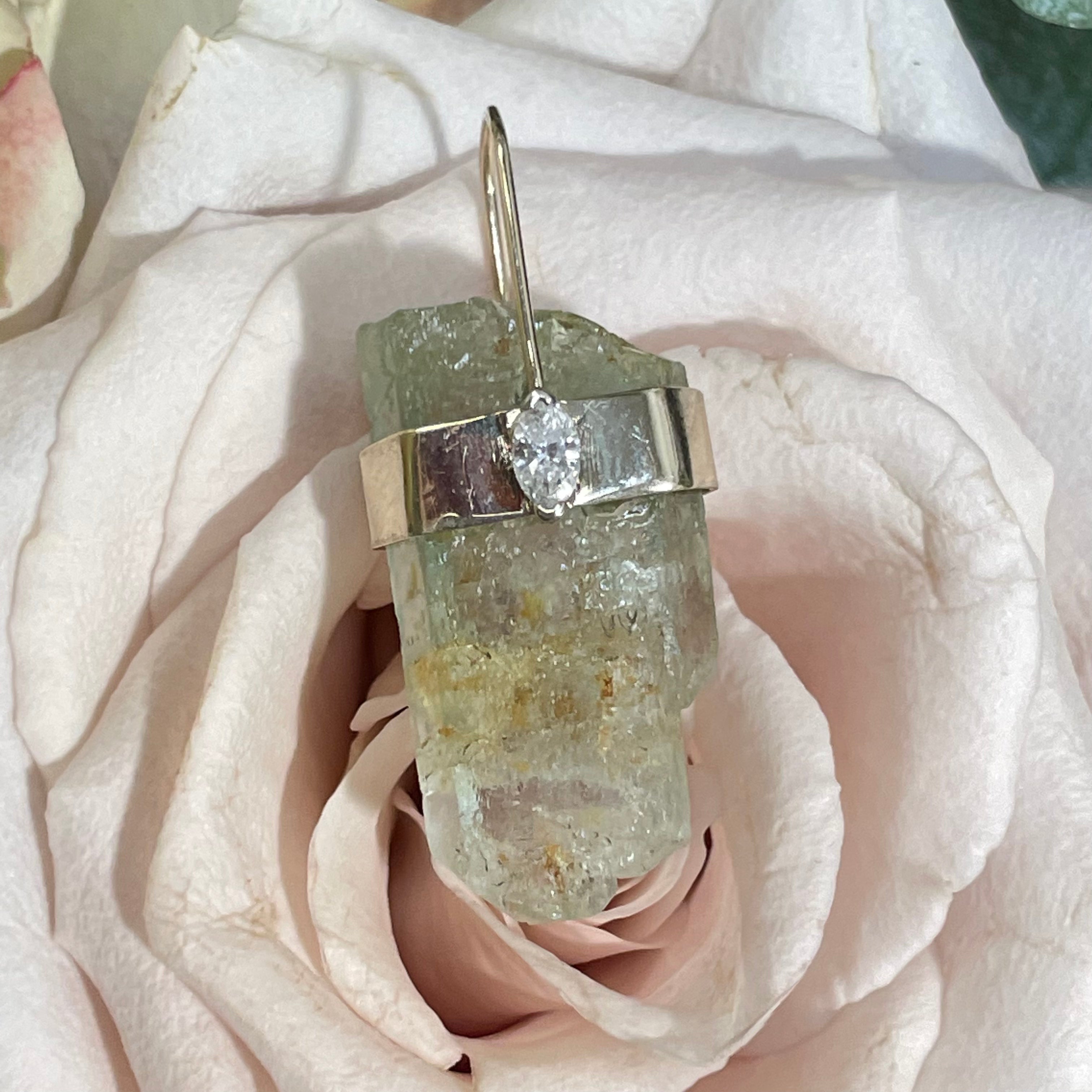 Rough Aquamarine and Diamond 14K Yellow Gold Amulet