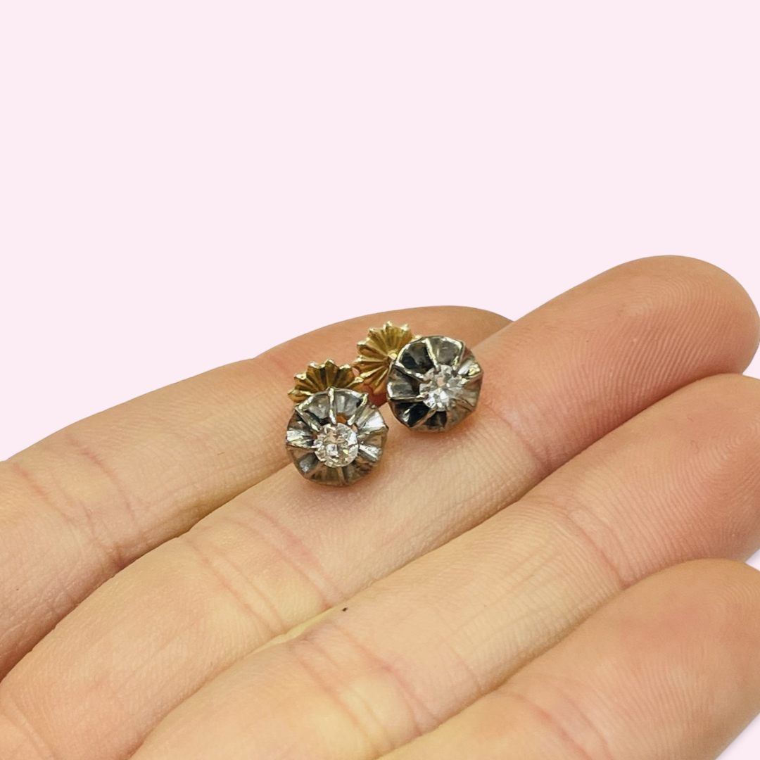 .22CT Old Mine Cut Diamond 18K Yellow Gold and Platinum Stud Earrings