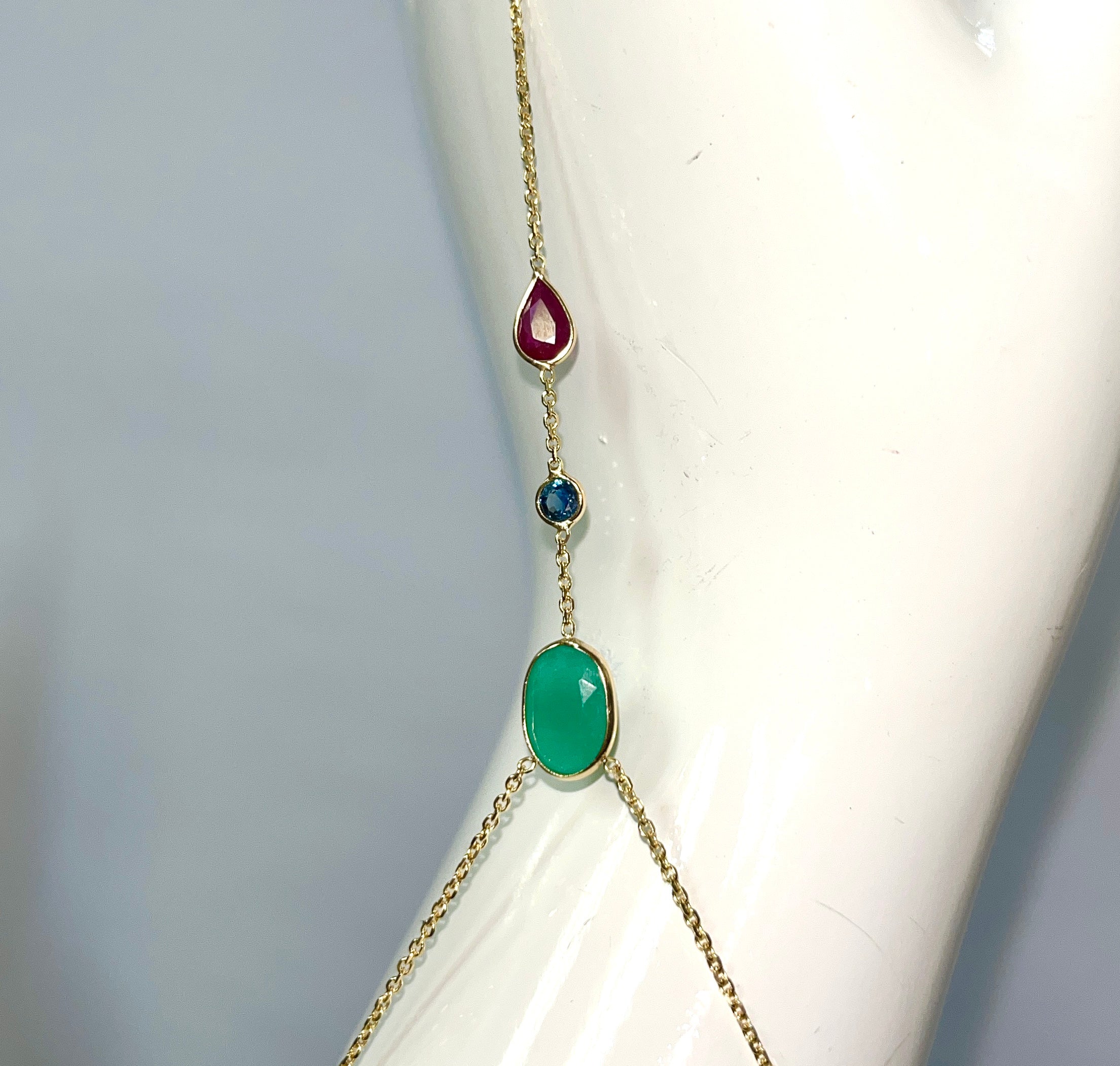 Emerald Ruby Sapphire Handchain Solid 14k Yellow Gold