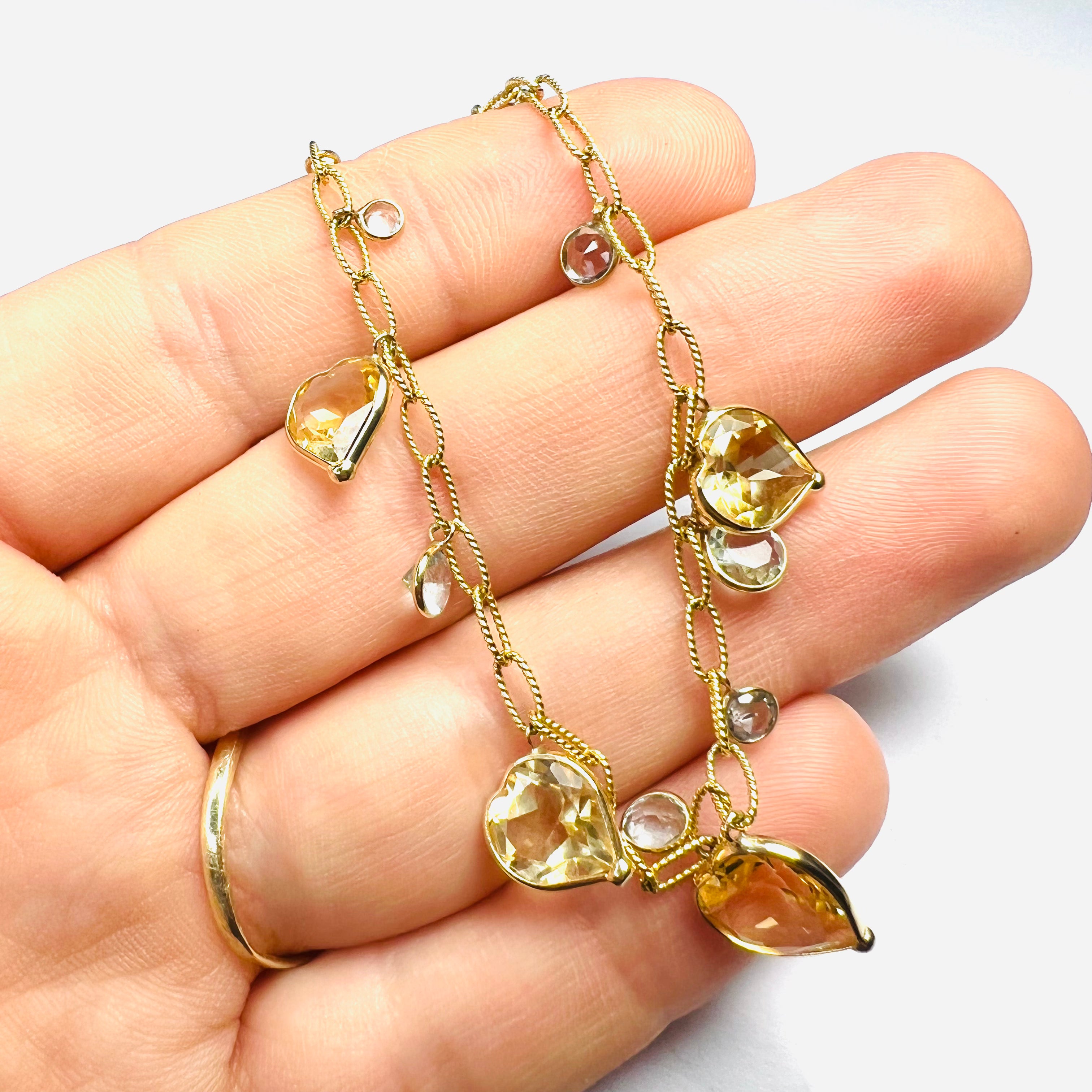 14K Yellow Gold Heart Citrine & Aquamarine Textured Link Bracelet 6.5"