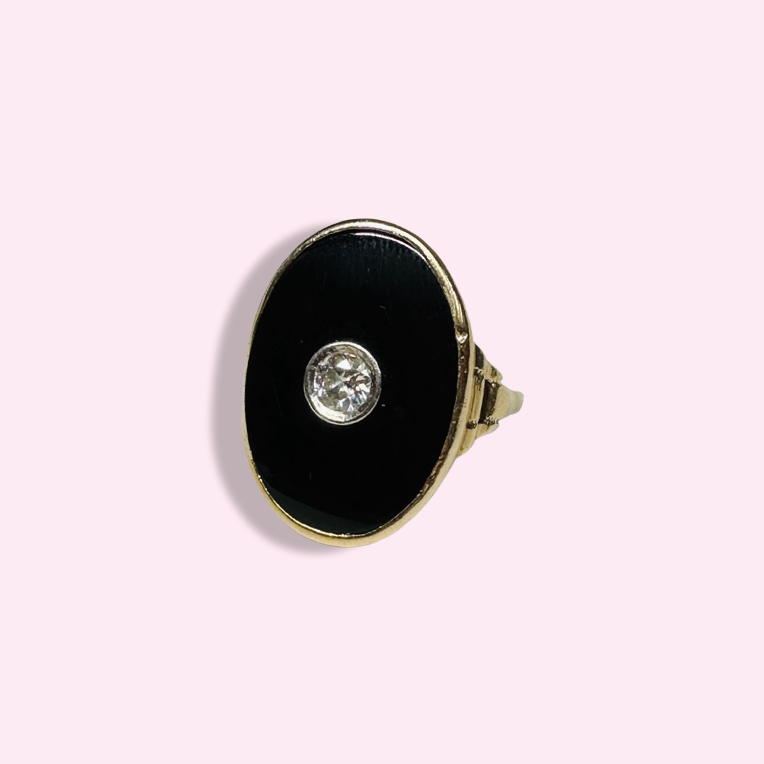 14K Yellow Gold Onyx with Natural Diamond Ring