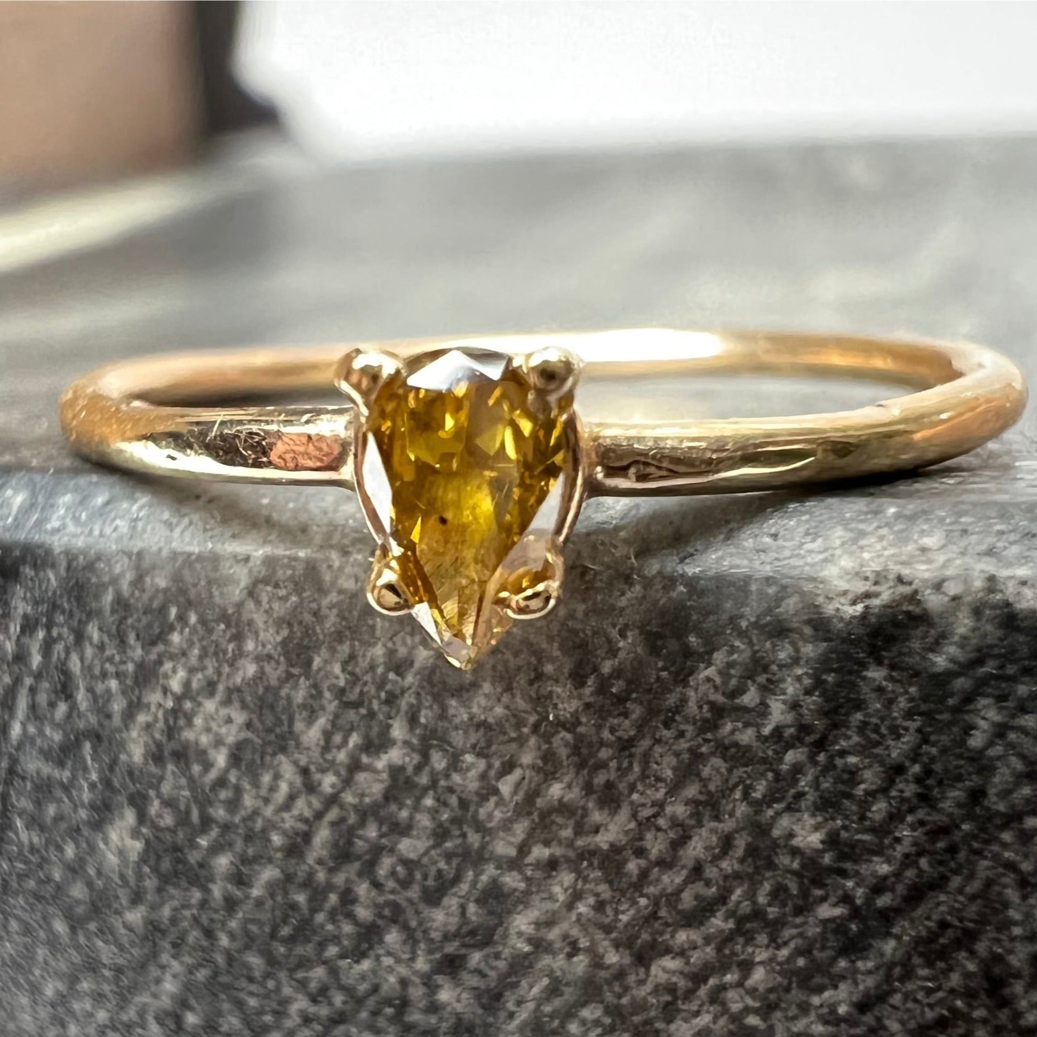 Solid 14K Yellow Gold Yellow Pear Diamond Dainty Ring Band Size 6.50