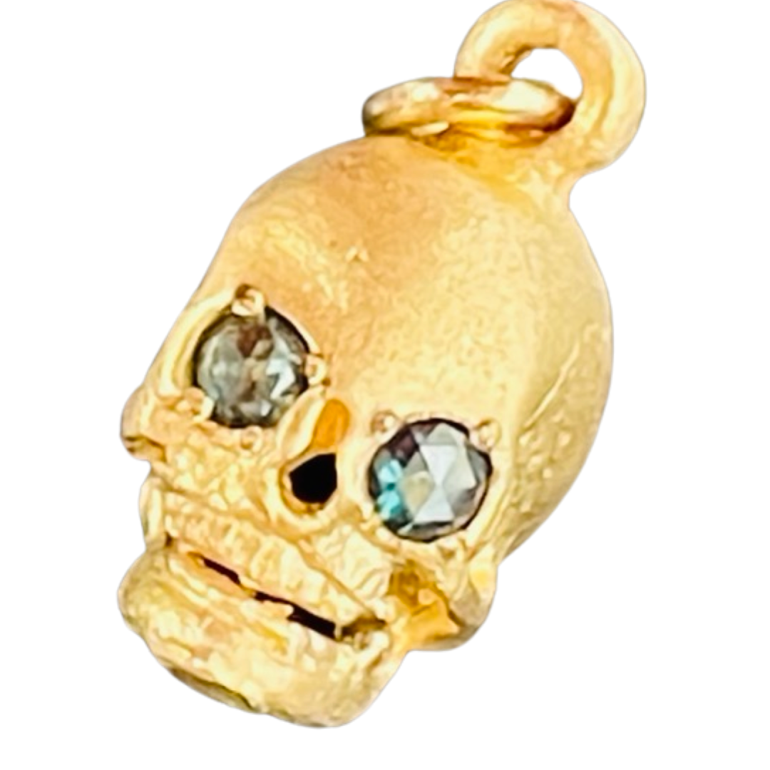 Blue Rose Cut Diamond 18K Yellow Gold Skull Charm Pendant
