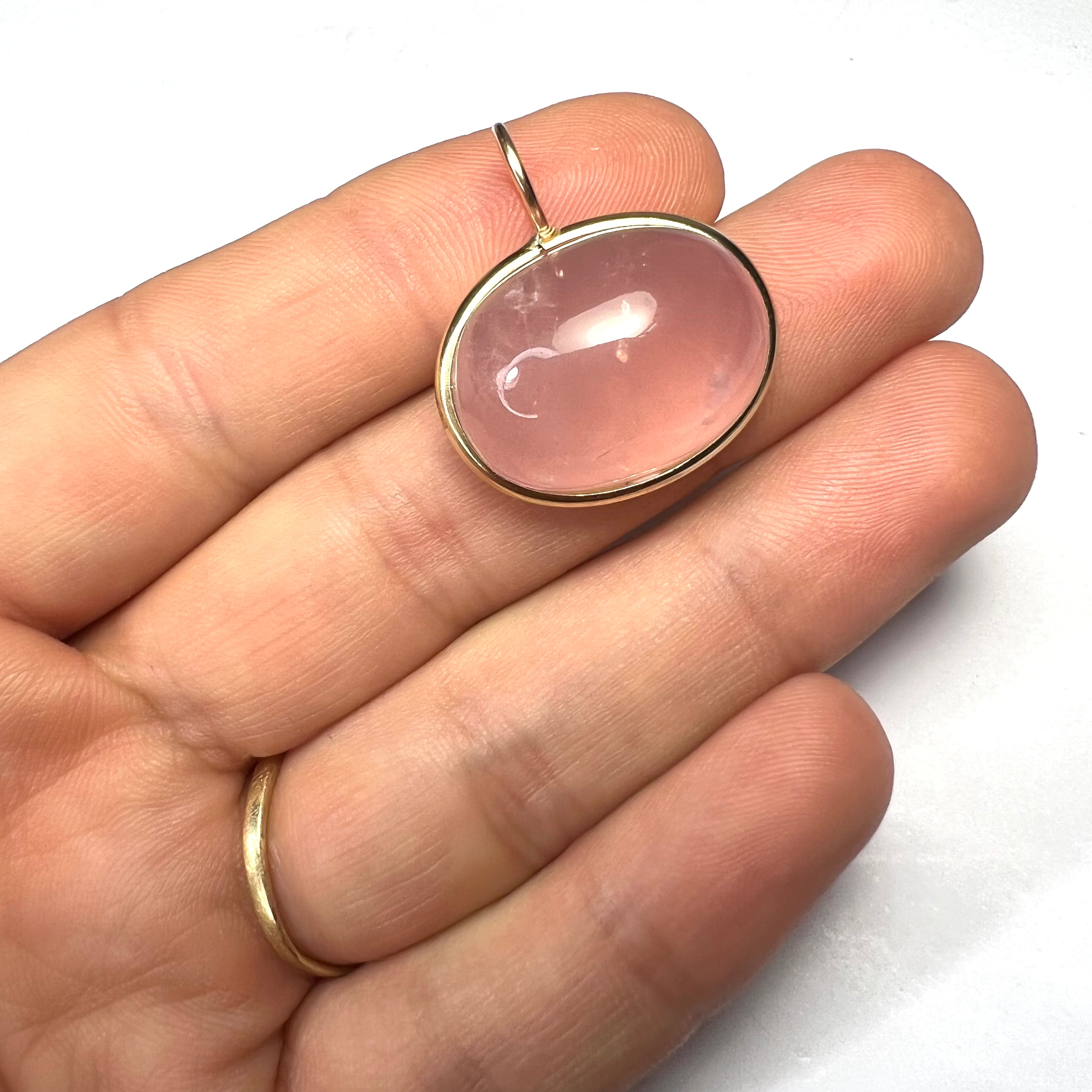 29CT Natural Cabochon Rose Quartz 14K Yellow Gold Pendant Charm 26x23mm