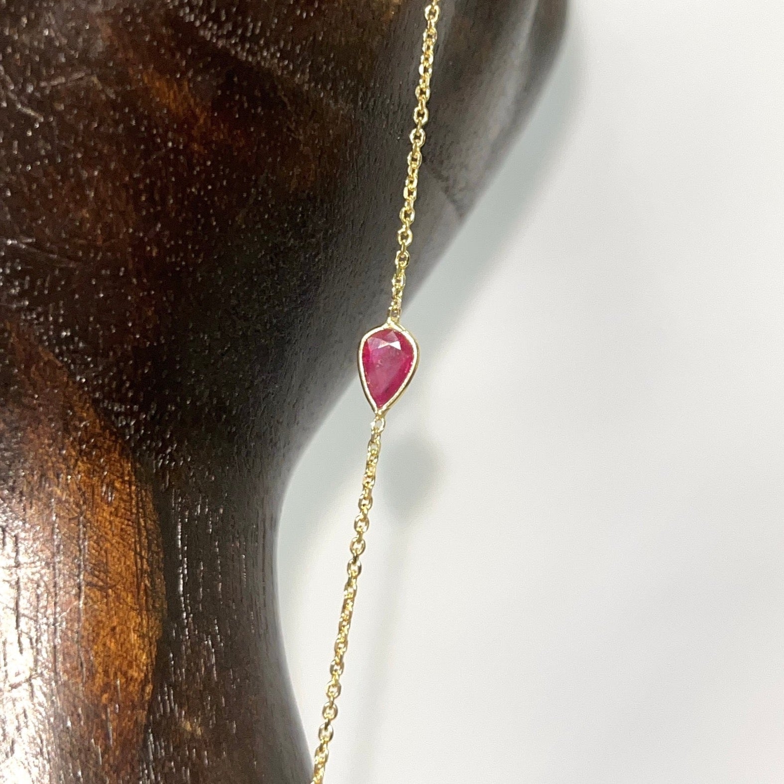 Pear Cut Ruby Hand Chain Bracelet in solid 14K Yellow Gold