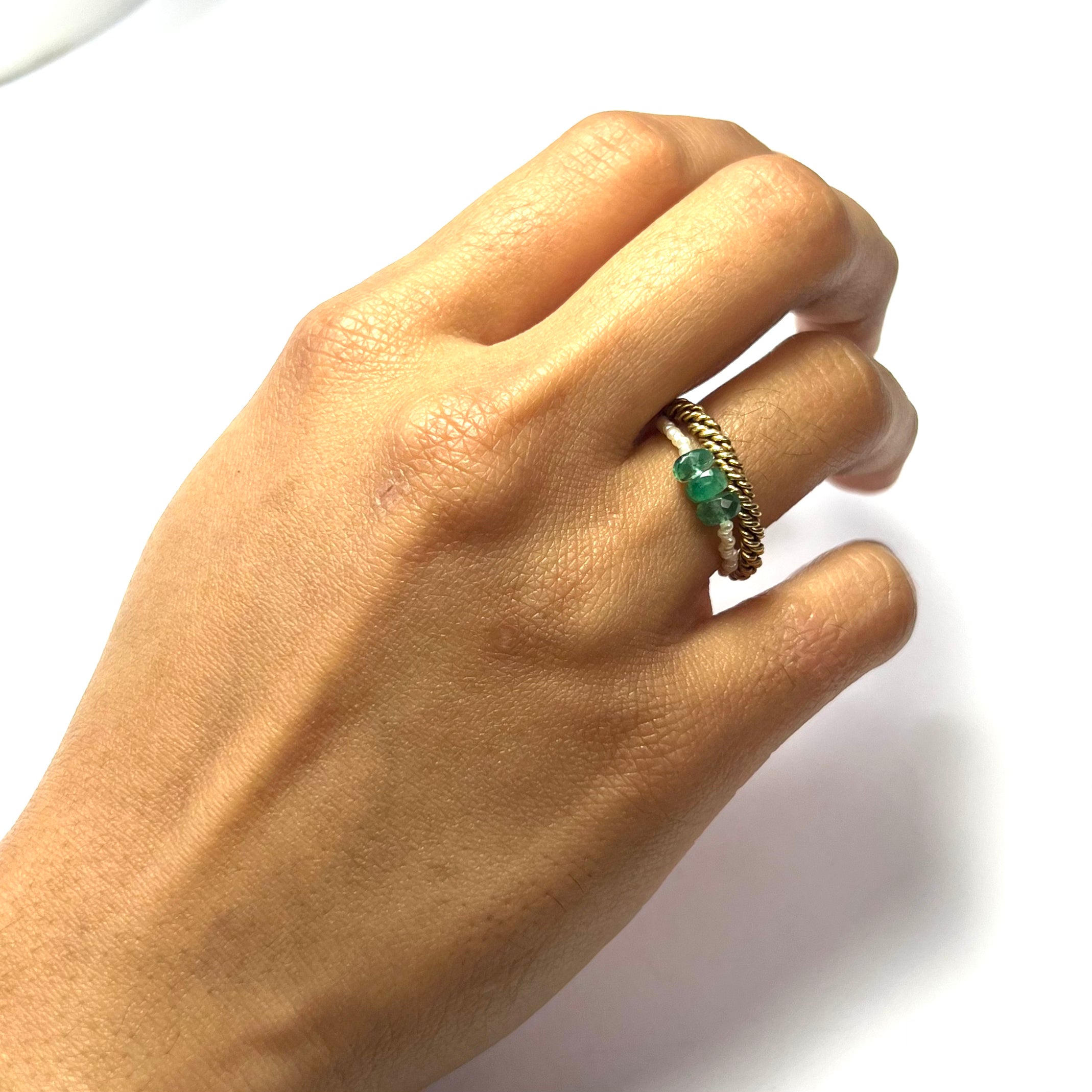 Natural Seed Pearl Eternity Rough Emerald Ring 6