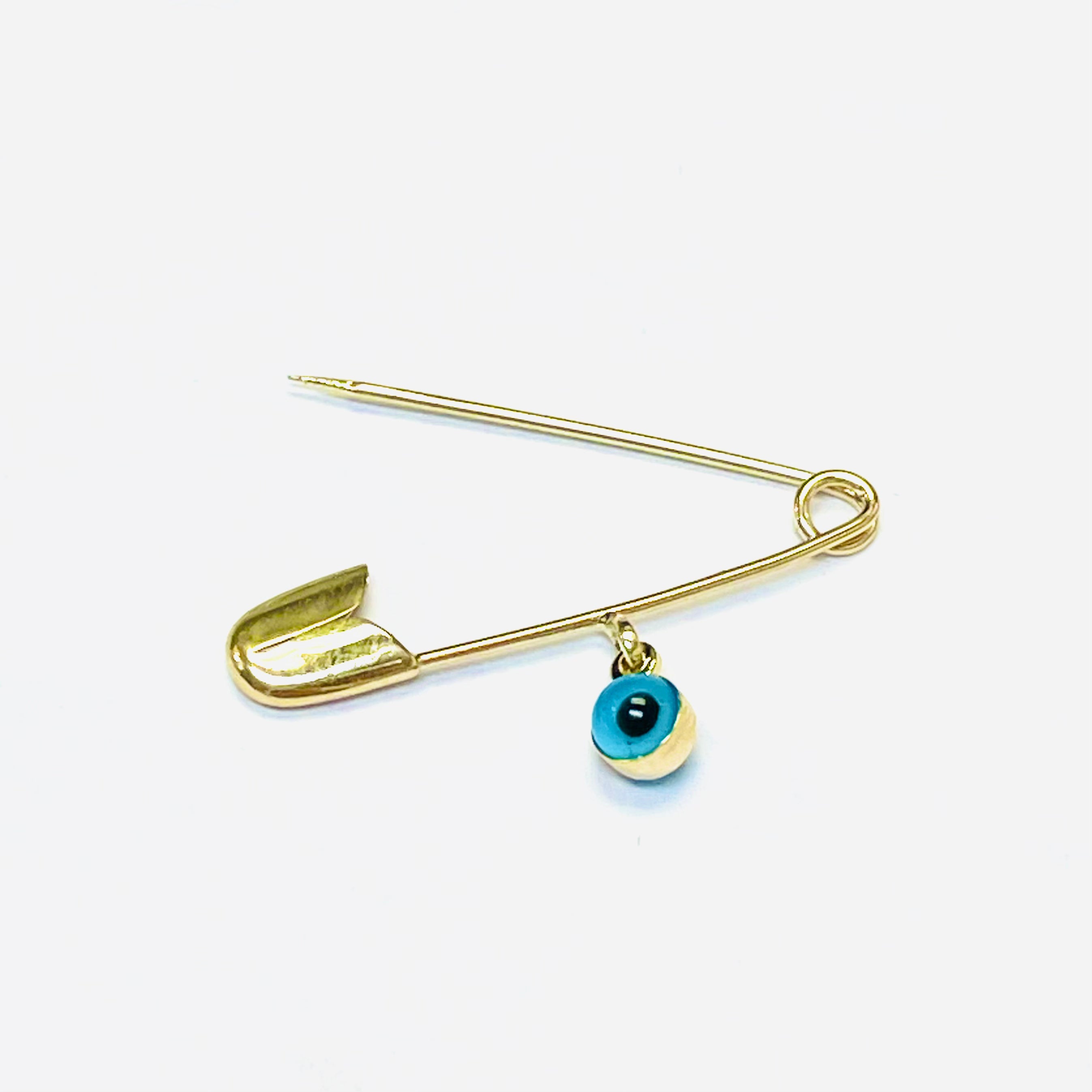 14K Solid Yellow Gold Safety Pin Pendant Charm Holder With Evil Eye 1"