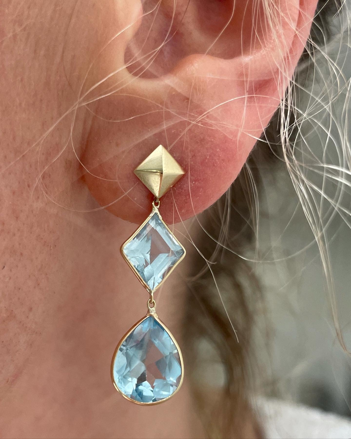 Blue Topaz Lozenge and Pear Shape Drop Earrings 14K Yellow Gold