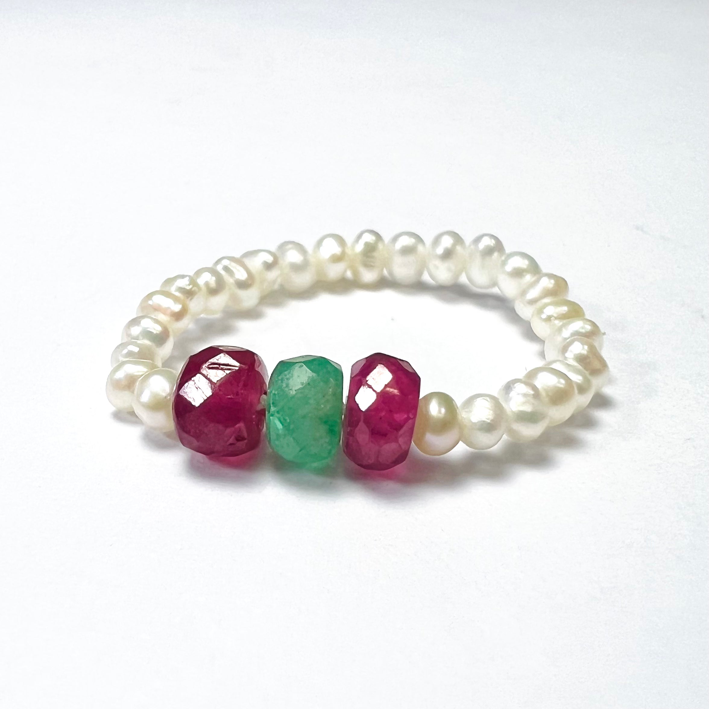 Natural Seed Pearl Eternity Rough Emerald and Ruby Ring size 7