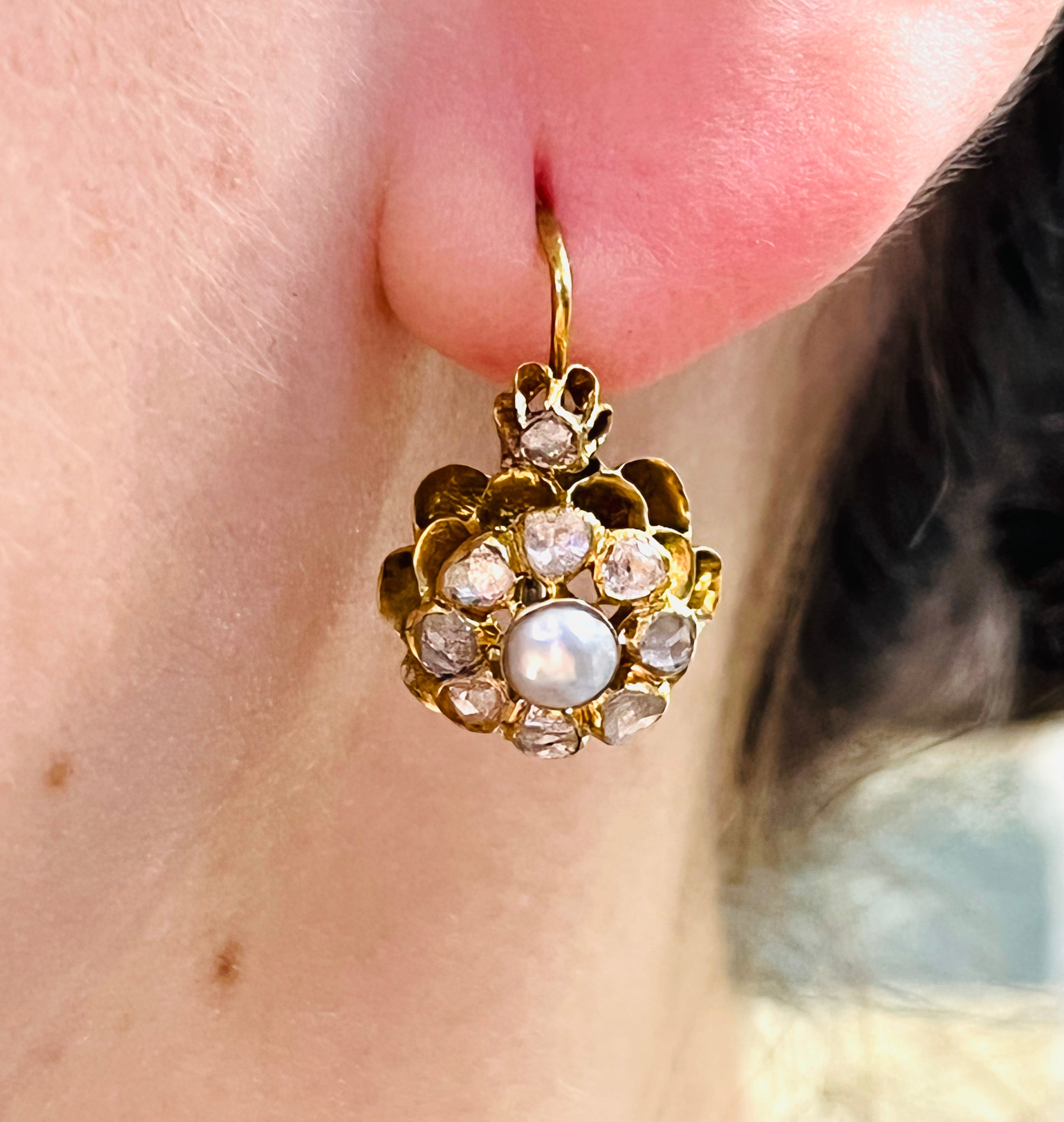 Antique Flower Rose Cut Diamonds and Pearl Solid 18K Yellow Gold Earrings