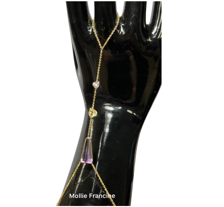 Ametrine Citrine Sapphire Pastel Hand Chain Solid 14k Yellow Gold