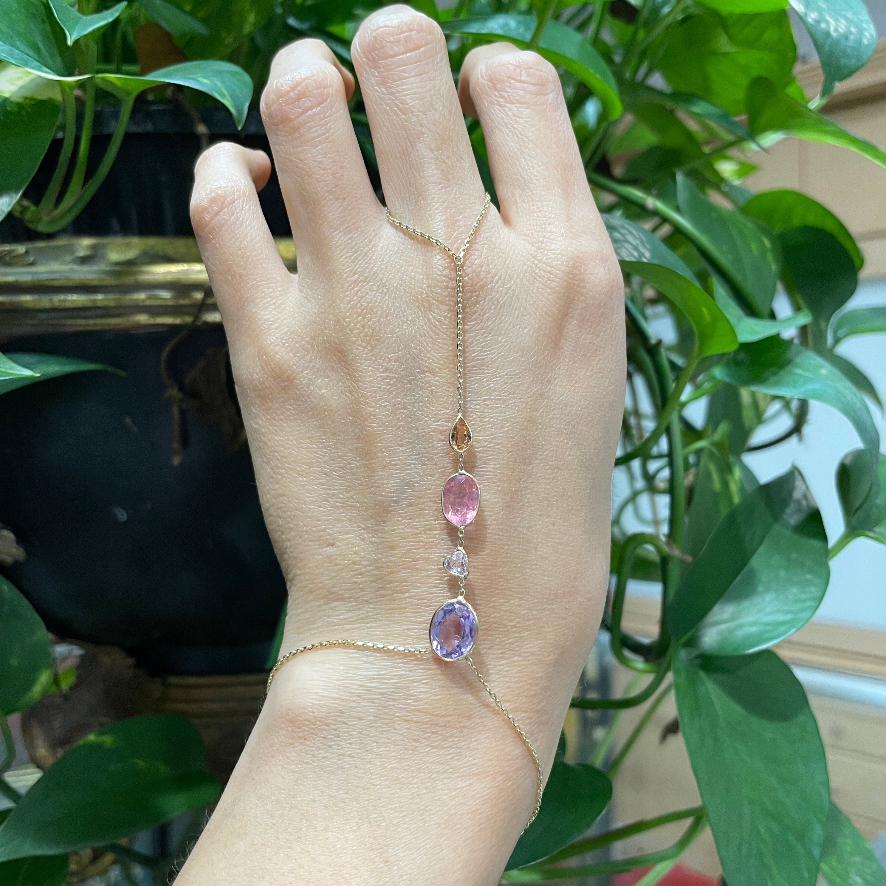 Tourmaline Sapphire, and Amethyst Handchain in solid 14k Yellow Gold