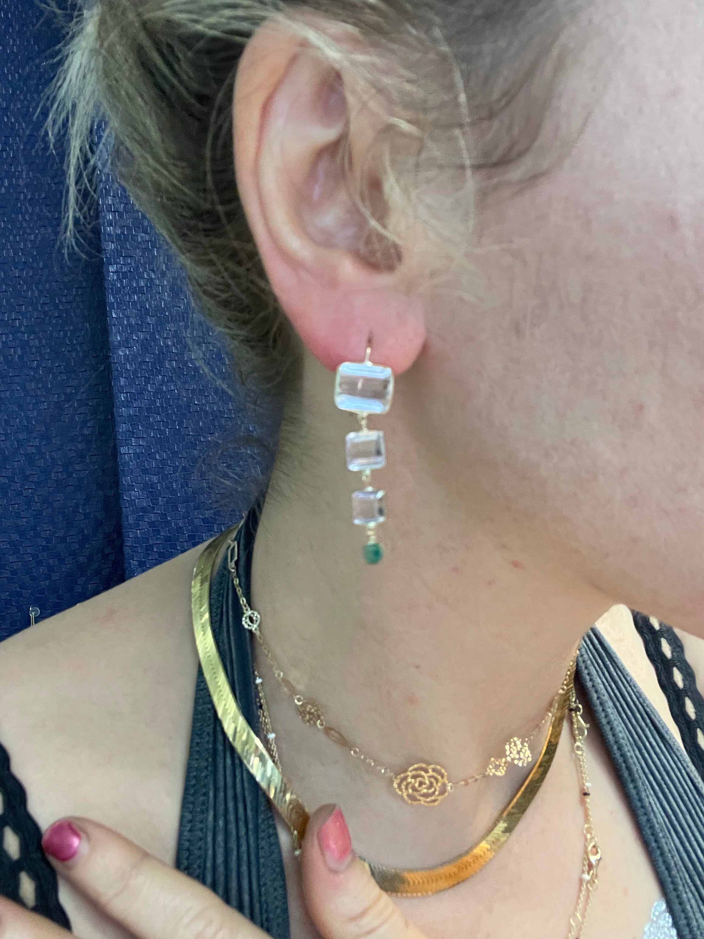 Kunzite and Colombian emerald drop earrings