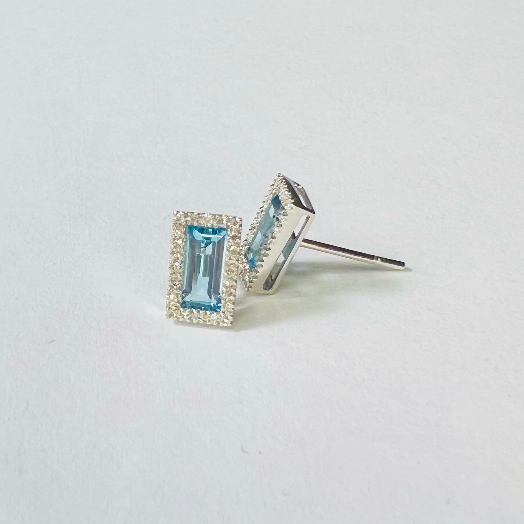 14K White Gold Diamond & Topaz Baguette Earring Studs 9x5mm