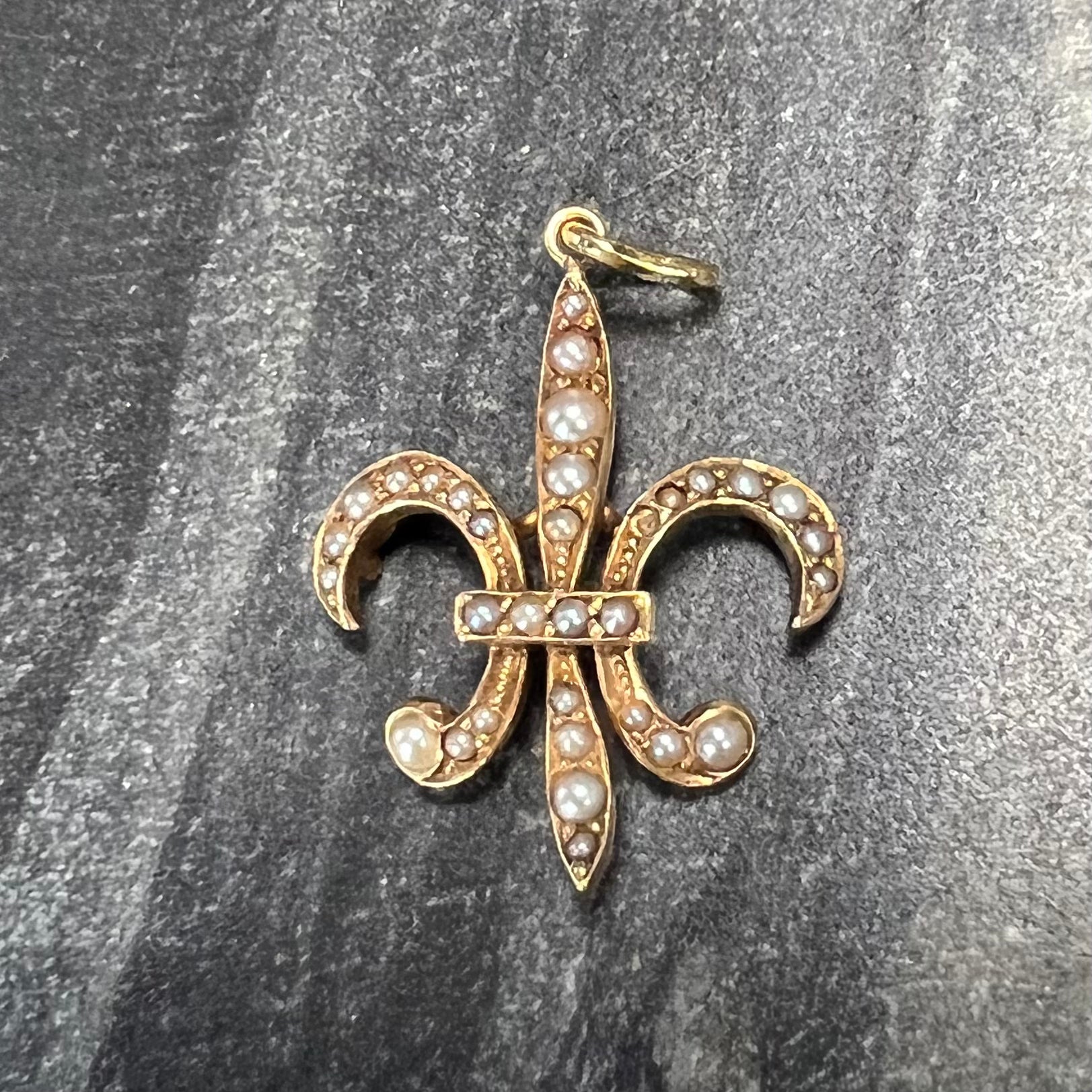 Antique 14K Yellow Gold Fleur De Lis Seed Pearl Pendant Charm