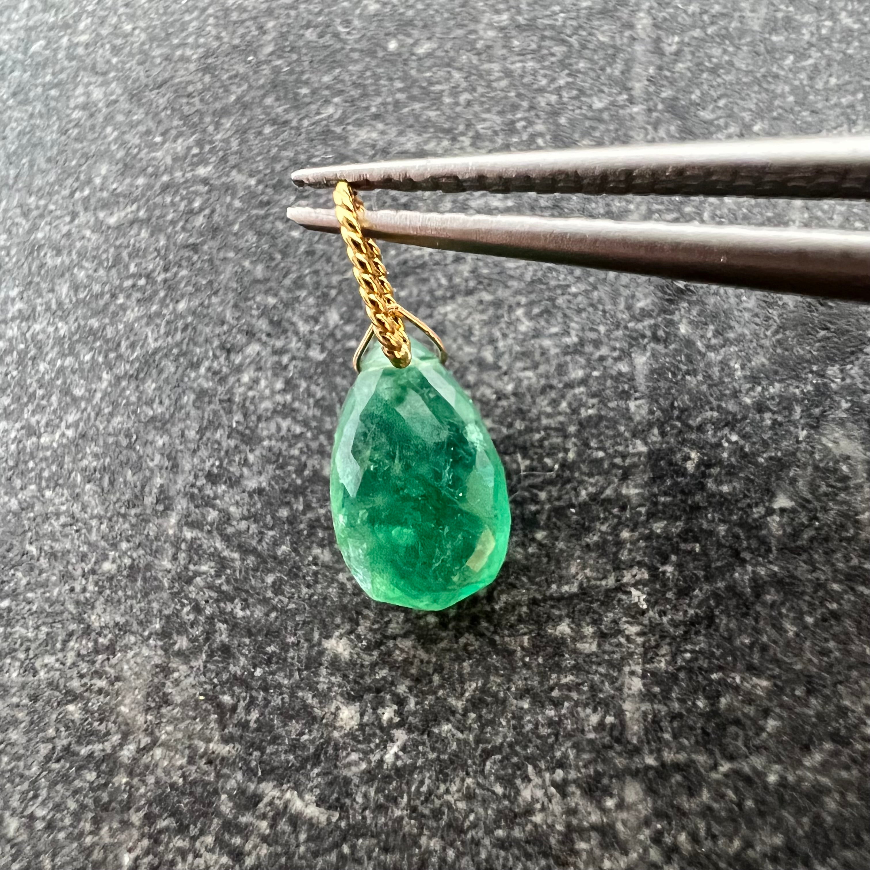 1.35CT Solid 14K Yellow Gold Briolette Emerald Twisted bail Charm 9x5.63x3.49mm