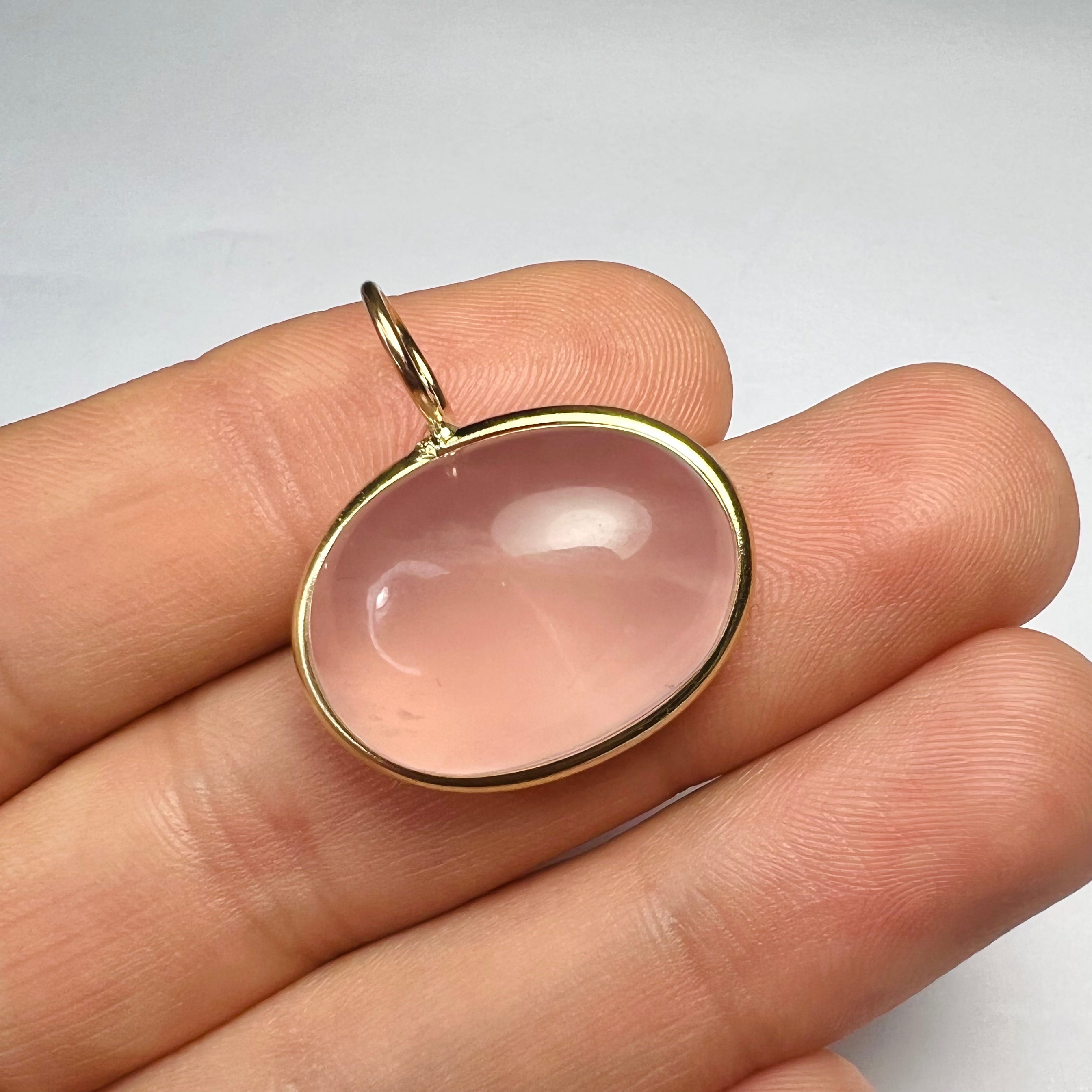 26.5CT Natural Cabochon Rose Quartz 14K Yellow Gold Pendant Charm 25x23mm