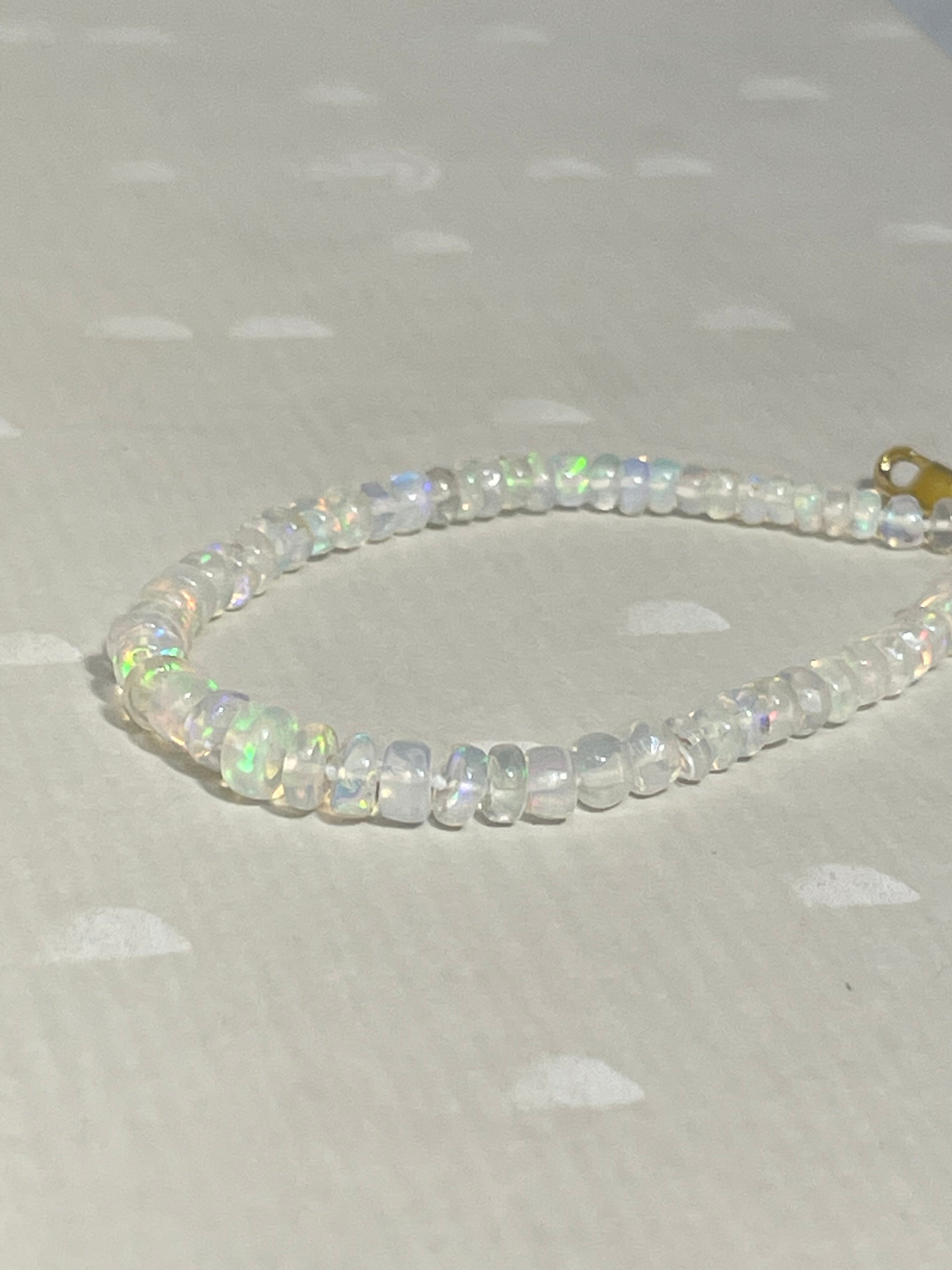 White Opal Knotted Bead Bracelet  14K Gold 6.5”